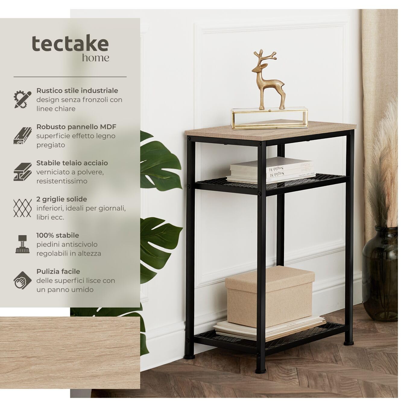 tectake® Tavolino salotto 45,5x36x75,5cm, Tavolino da divano, 3 Ripiani, Salotto, Soggiorno, Camera per Libri, Foto, PC, Piante e Bevande, Arredamento Casa, Ufficio - Legno Industriale Chiaro