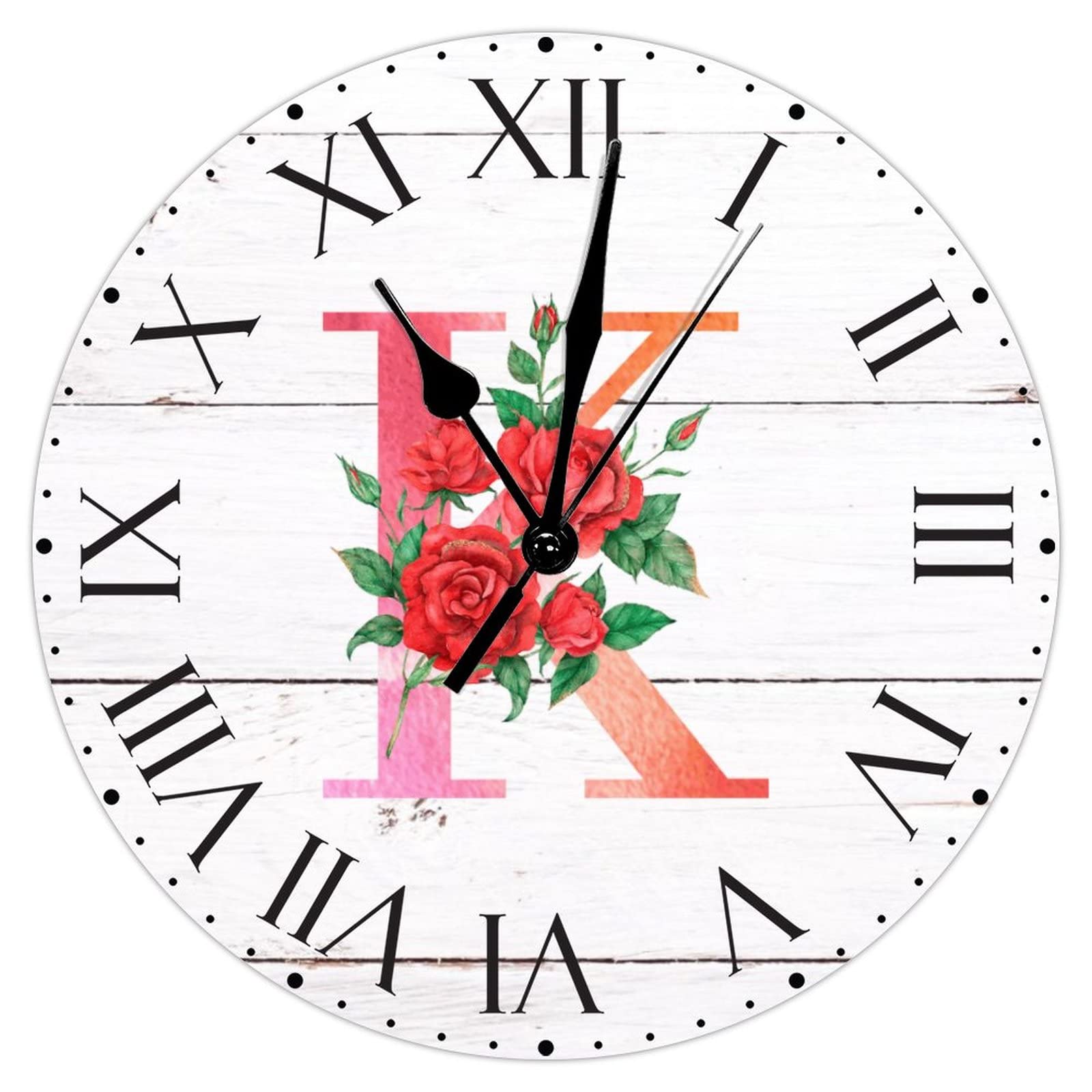 Horloge murale 30,5 cm silencieuse avec lettre K et chiffres romains en PVC