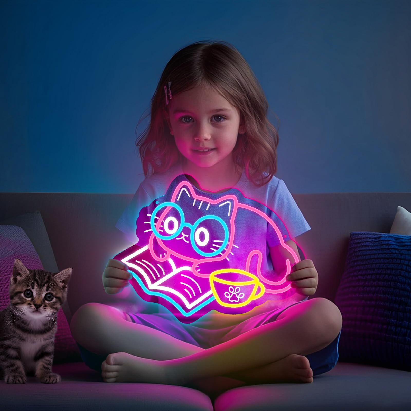 Neonowy znak do czytania książki z kotem, uroczy kot, neonowe światło do księgarni, biblioteki, klasy, sypialni, dekoracja ścienna, ściemniany przez USB, znak LED, prezent urodzinowy, dla