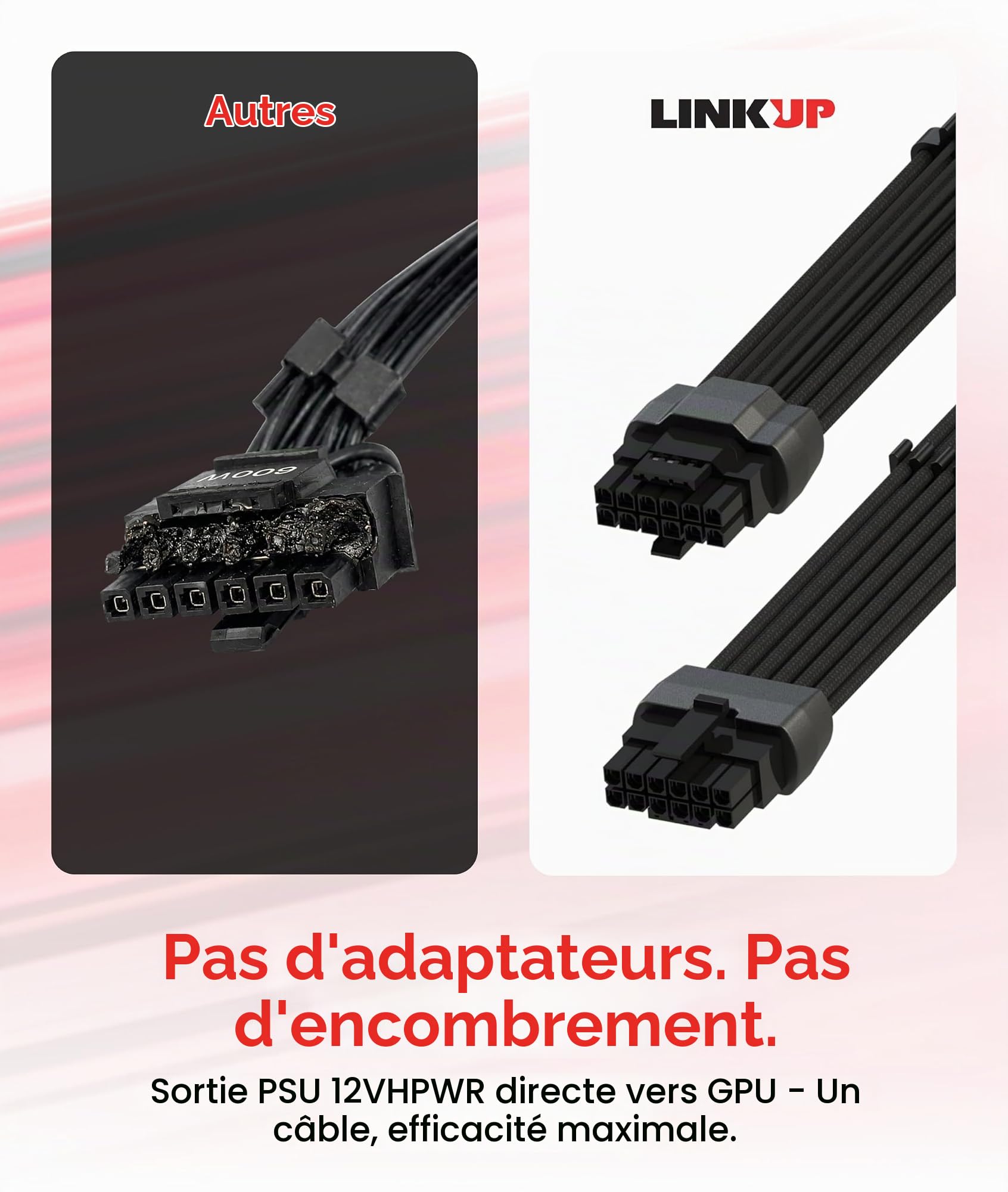 LINKUP - Câble d'alimentation haute puissance 600W PCIE 5.0 16 broches (12+4) AVA en angle gauche | Type moulé et soudé, 16AWG gainé | Compatible avec RTX5000 RTX4000 RTX3000 FE | 70 cm Noir
