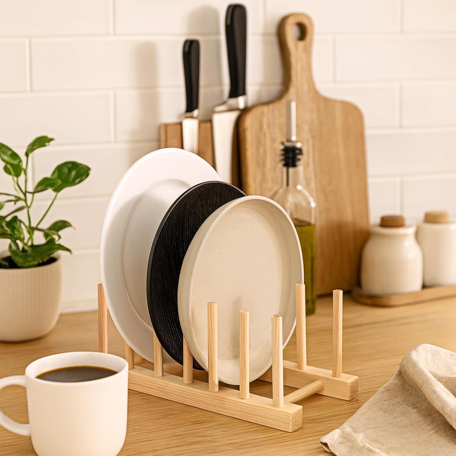SHENLIU 8 Pcs Bamboo Wooden Plate Rack, 6 Slots Plate Organizer Dish Drying Rack Stand Drainer for for Kitchen Pot Lid Bowl Cup Book Cutting Boards