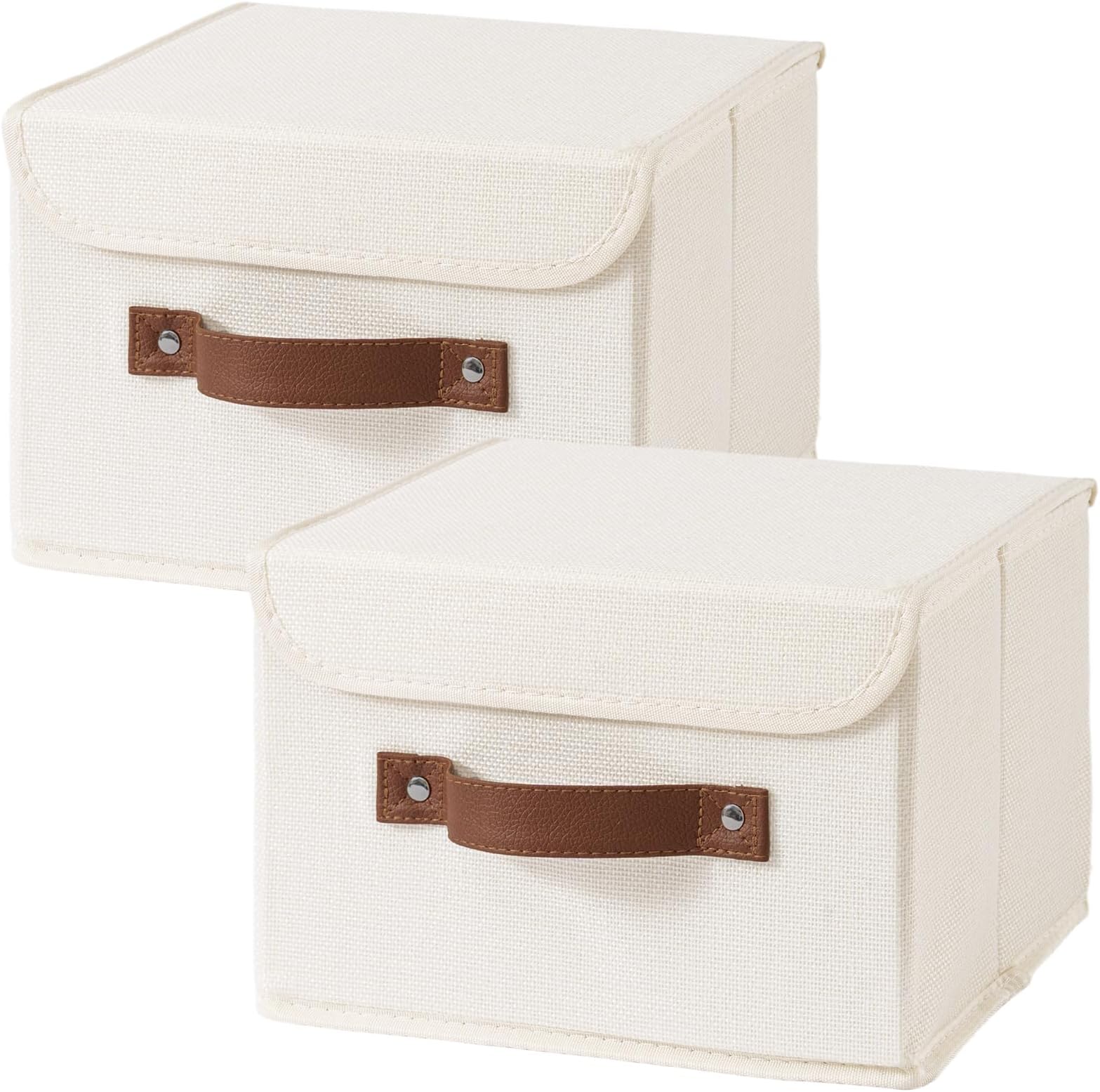 2PCS Collapsible Storage Boxes Baskets with Lid Cotton Linen Fabric Storage Bins with Faux Leather Handles Washable Cube Organizer Container for Home Closet Bedroom (Beige, Small Size)