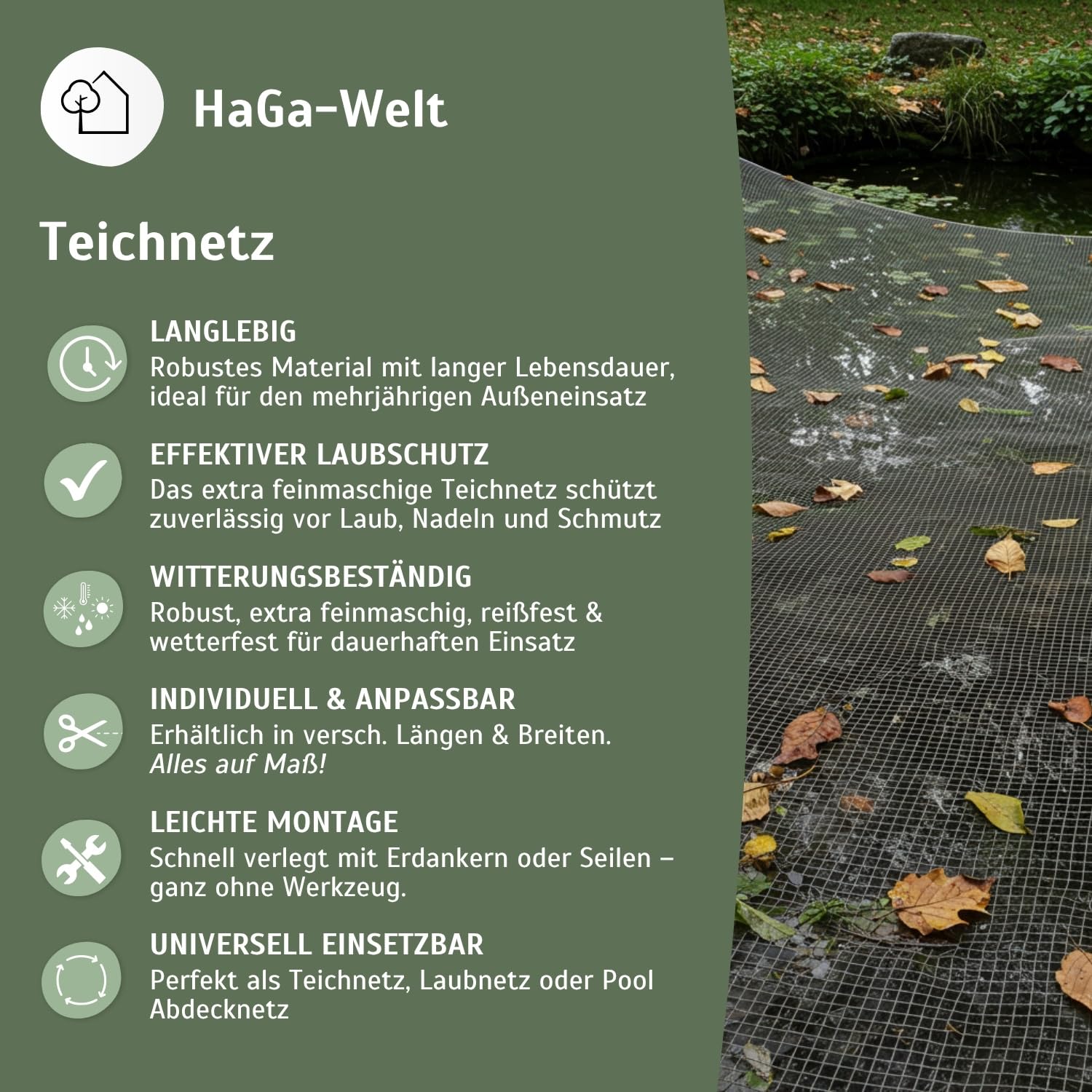 HaGa Premium Teichnetz & Pool Abdecknetz – 3 m Breite | 5m Länge | dunkelgrün – UV-beständiges, feinmaschiges Schutznetz für Gartenteich & Gartenpool – zuschneidbar als Laubnetz & Teichzubehör