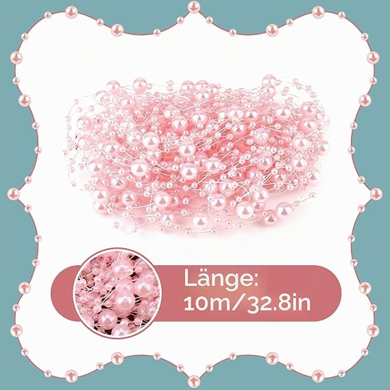 Pearl Ribbon Pearl Garland Pink 10 m Table Decoration Wedding Pearl Garland Artificial Pearl Necklace Decoration Fishing Line Pearl Ribbon Artificial Pearl Garland for Wedding DIY