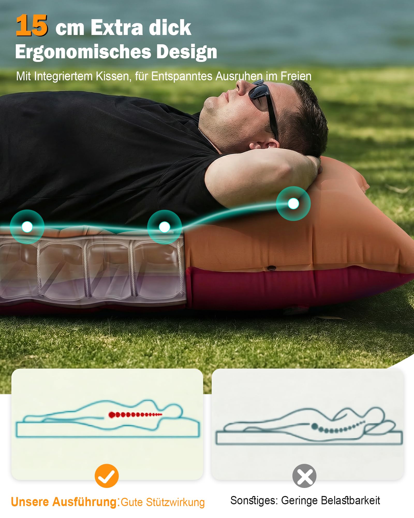 JasGood Isomatte Camping 15CM Ultraleicht Camping Luftmatratze mit Kissen und Fußpumpe Aufblasbare Matratze Kompakte Leichte Schlafmatte für Wandern Reisen Zelt Strand,Braun