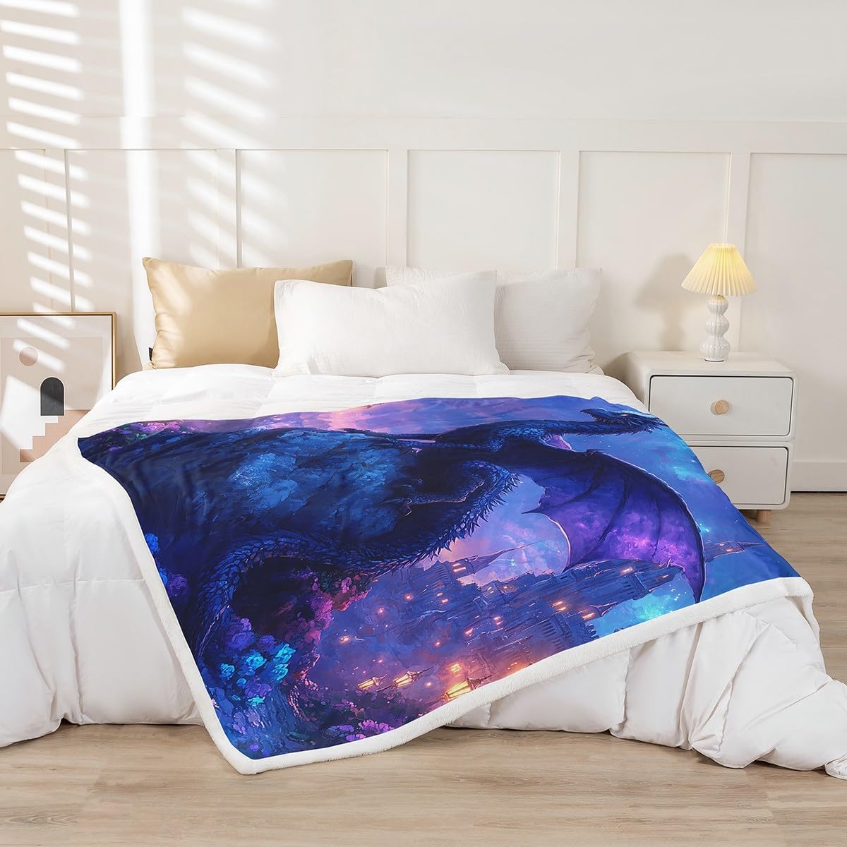 jejeloiu Western Dragon Fleece Throw Blanket Galaxy Sherpa Blanket Queen 90"x90" for Bed Sofa Couch Girls Outer Space Fuzzy Blanket Purple Blue Universe Cloud Galaxy Plush Blanket
