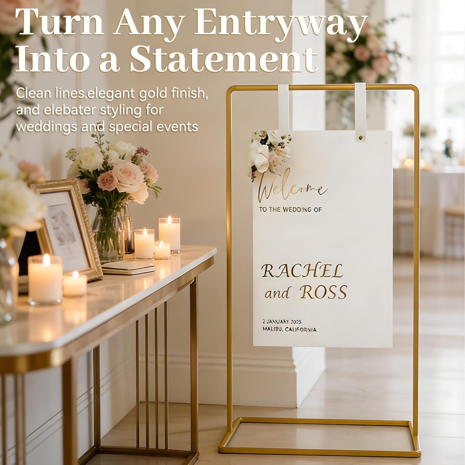 Wedding Welcome Sign Stand 68 x 31 x 20 Inch Adjustable Wedding Sign Holder with 8 Leather and Water Bags Heavy Duty Easel for Poster, Baby Bridal Shower, Bridal Shower, Seating Chart, Gold