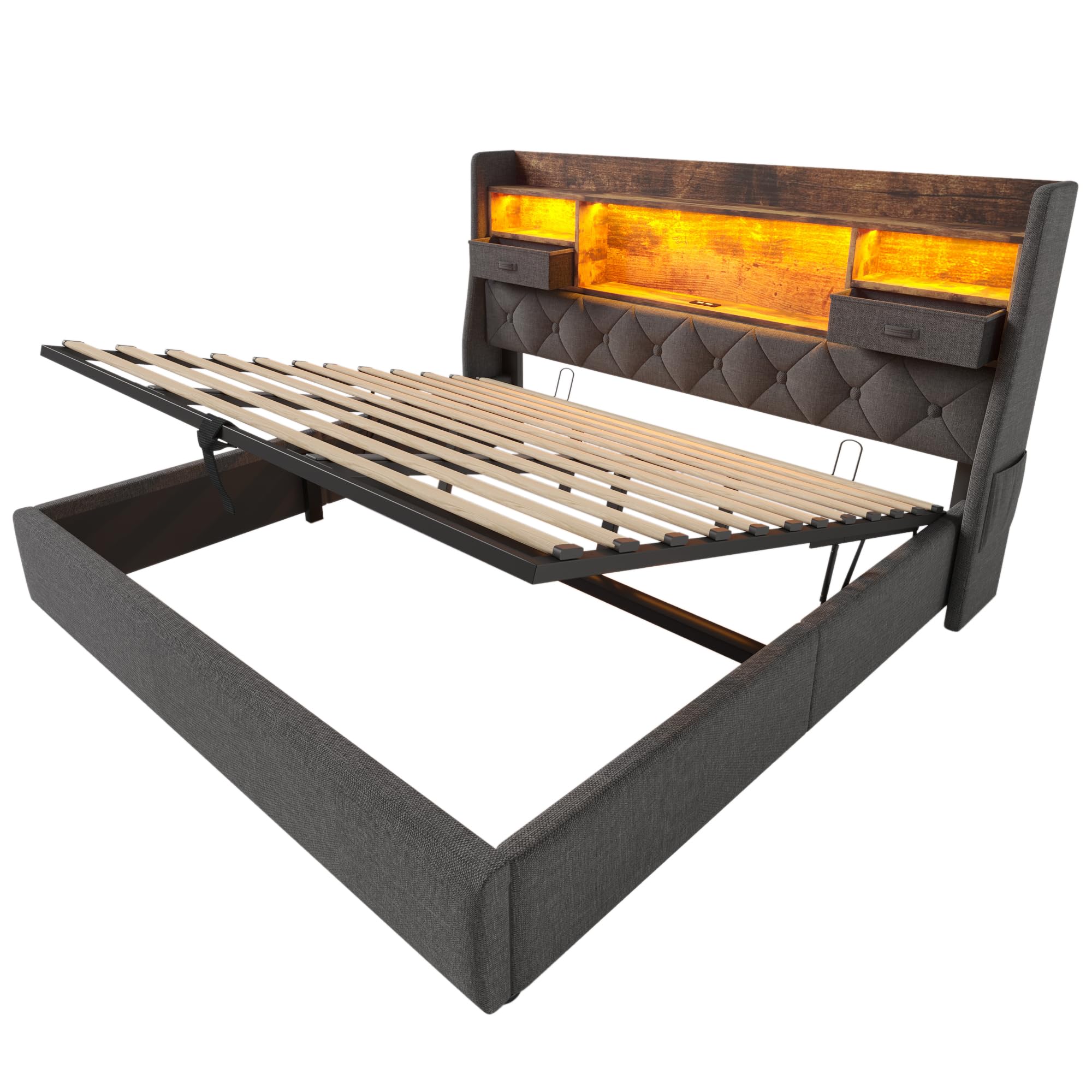 HESHU Polsterbett Bettgestell 180x200, Boxspringbett mit LED und Ladestation, Bettrahmen mit Stauraum Kopfteil, Jugendbett Stauraumbett Funktionsbett Doppelbett