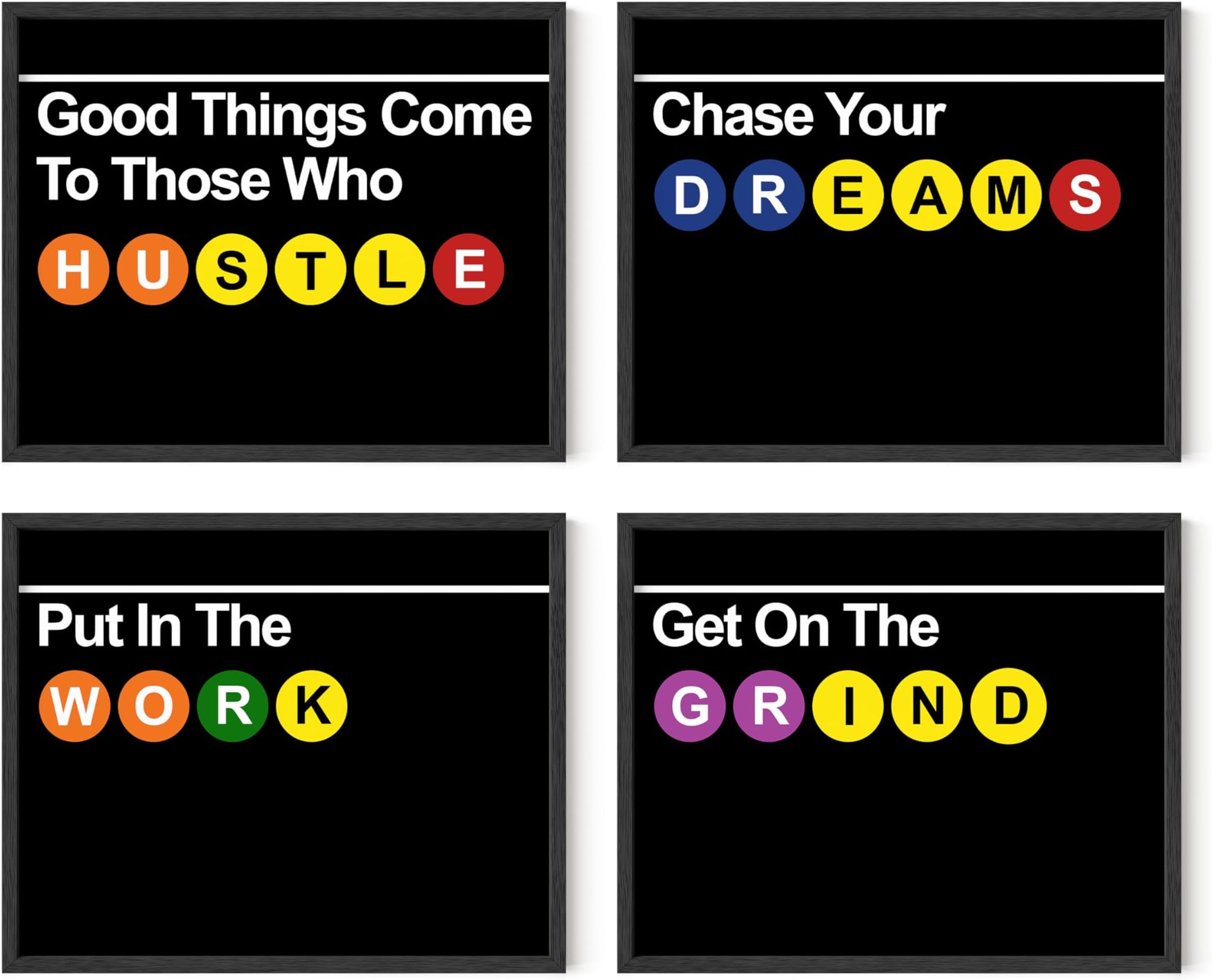 Summit Designs New York City Subway Sign, Subway New York Wall Art, NYC Wall Art - Poster Set, NYC Sign, Bedroom Decor - Hustle Grind Motivation - Set Of 4 (8x10) UNFRAMED Prints
