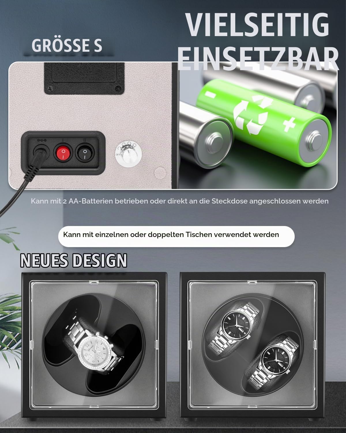 Mxmoonant Automatische Uhrenbeweger für 2 Uhren, 5 Rotationsmodi | mit leisem Motor, AC-Adapter & Batteriebetrieb, mit LED-Beleuchtung, für Automatikuhren Uhrenaufbewahrung