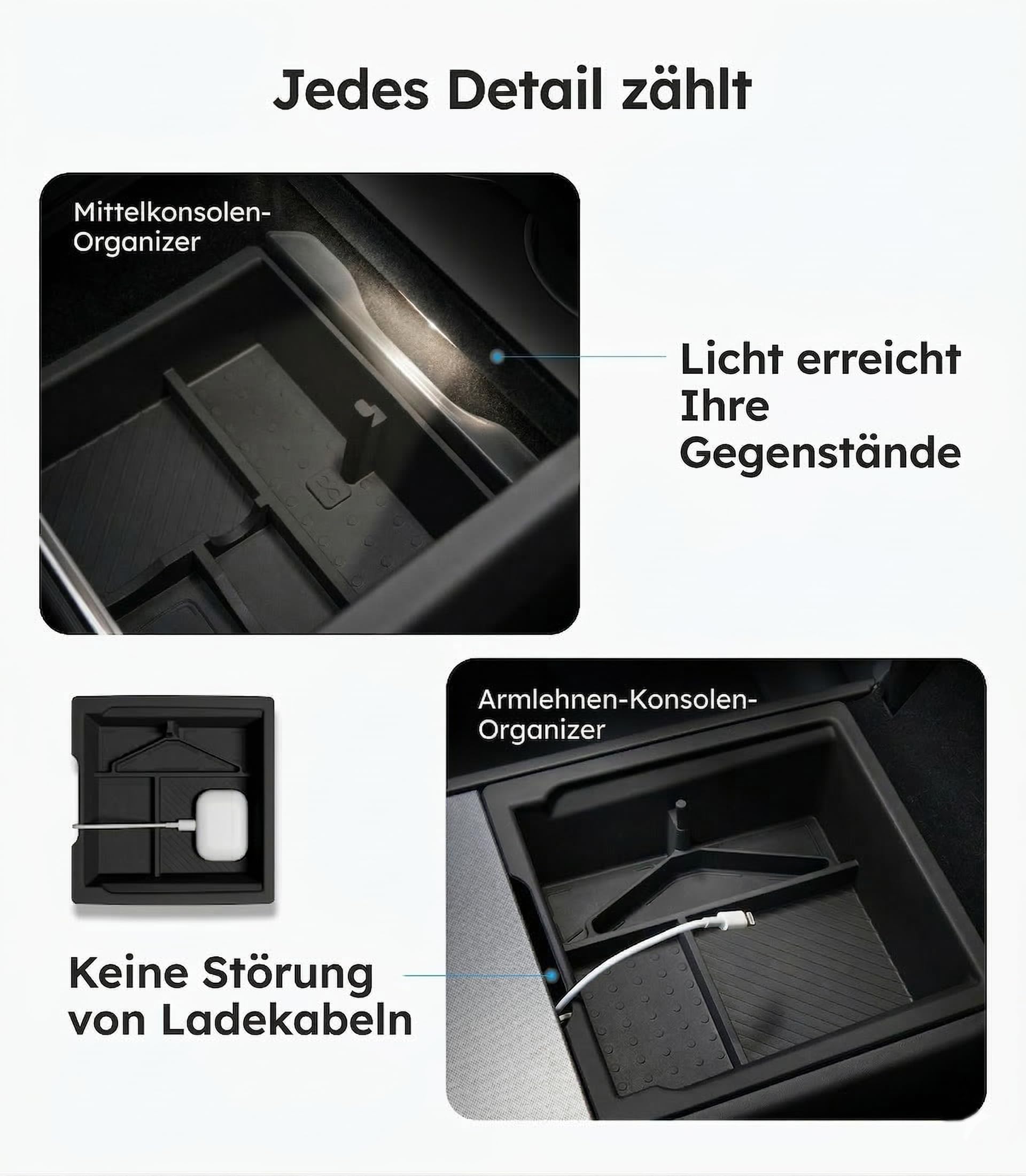 Wigoo Mittelkonsole-Organizer für Tesla Model Y Juniper (nur Premium & Performance 2025–2026) und alle Model 3 Highland Zubehörteile [Doppellagiger Stauraum, sanftes Gleiten], 4-teilig, Schwarz