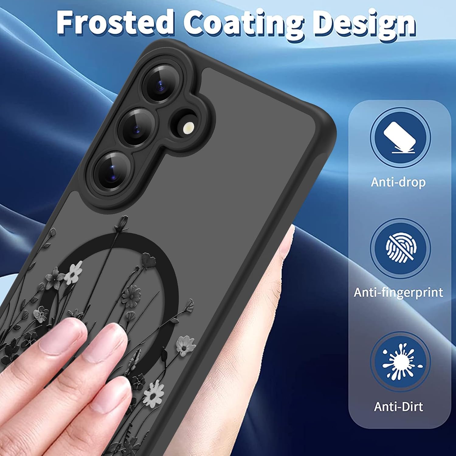 OOK Magnetic for Samsung Galaxy S26 Case Black Wild Flowers Pattern image 2