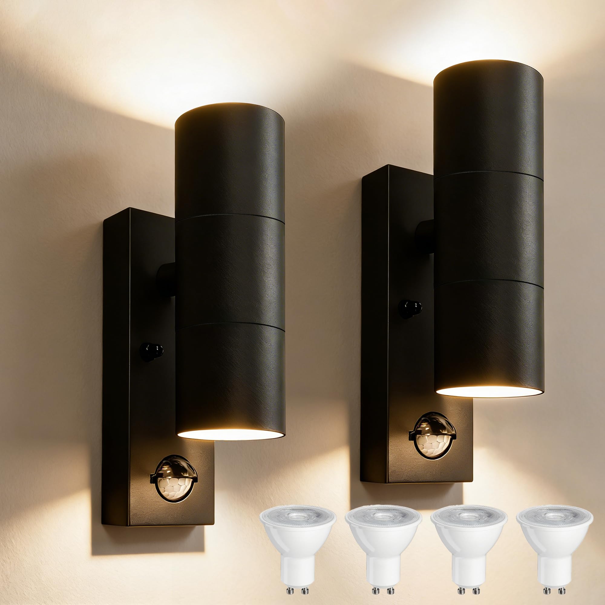 YOVGQOLV Motion Sensor Outdoor Wall Lights Up and Down, Incl. 4x5w 3000K GU10 Bulbs,Stainless Steel PIR Outside Light Mains Powered, IP54 Waterproof Front Door Lamp Porch, Black, 2 Pack