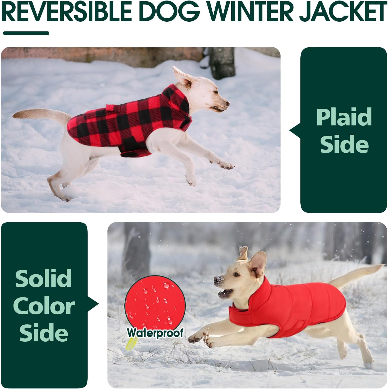 Kuoser Dog Winter Coat, Windproof Dog Fleece Jacket British Style Plaid Cold Weather Doggie Vest Coats, Reversible Cozy Warm Pet Clothes Apparel for Large Size Dogs XL