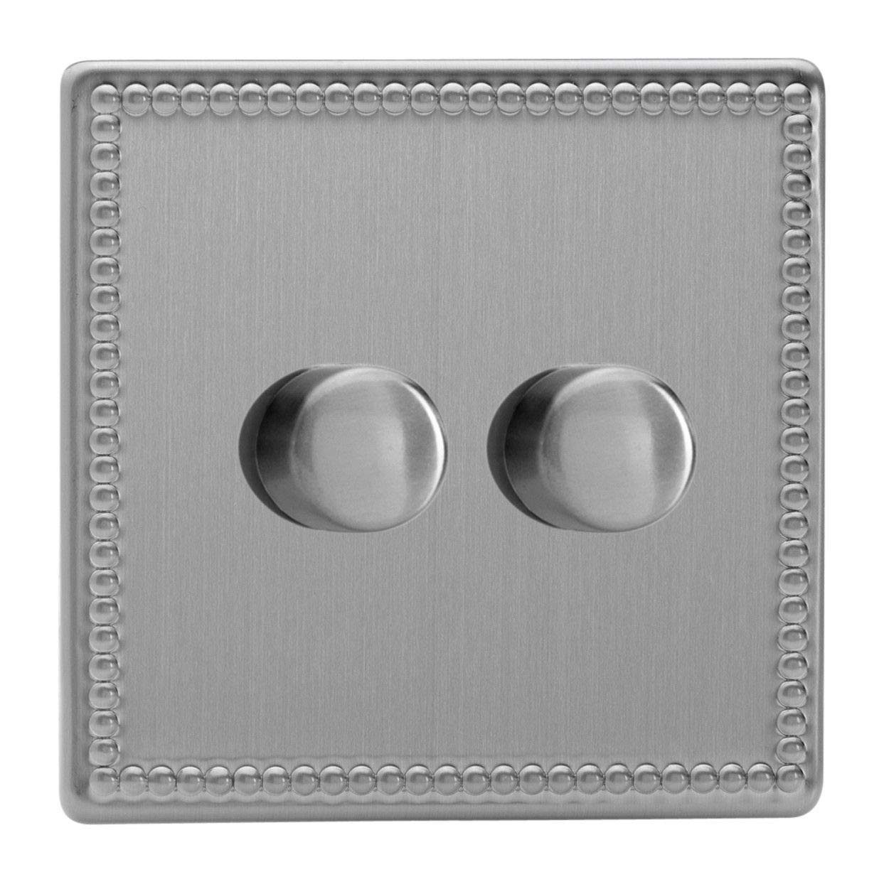 Varilight V-Pro Screwless Jubilee Brushed Steel 2 Gang LED Trailing Edge Dimmer Switch 1 or 2 Way