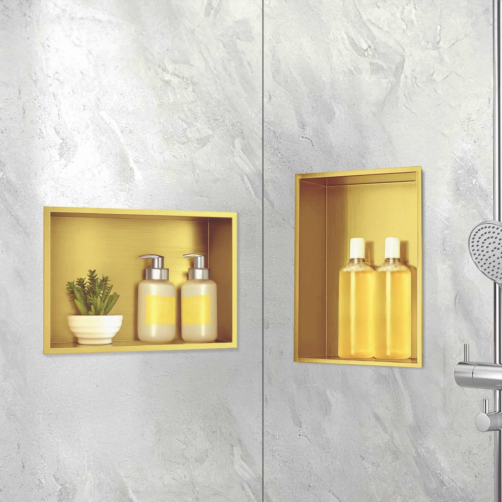 Douche murale, douche niche murale en acier inoxydable, étagère murale de rangement, niche de douche 30 x 45 x 10 cm, dorée