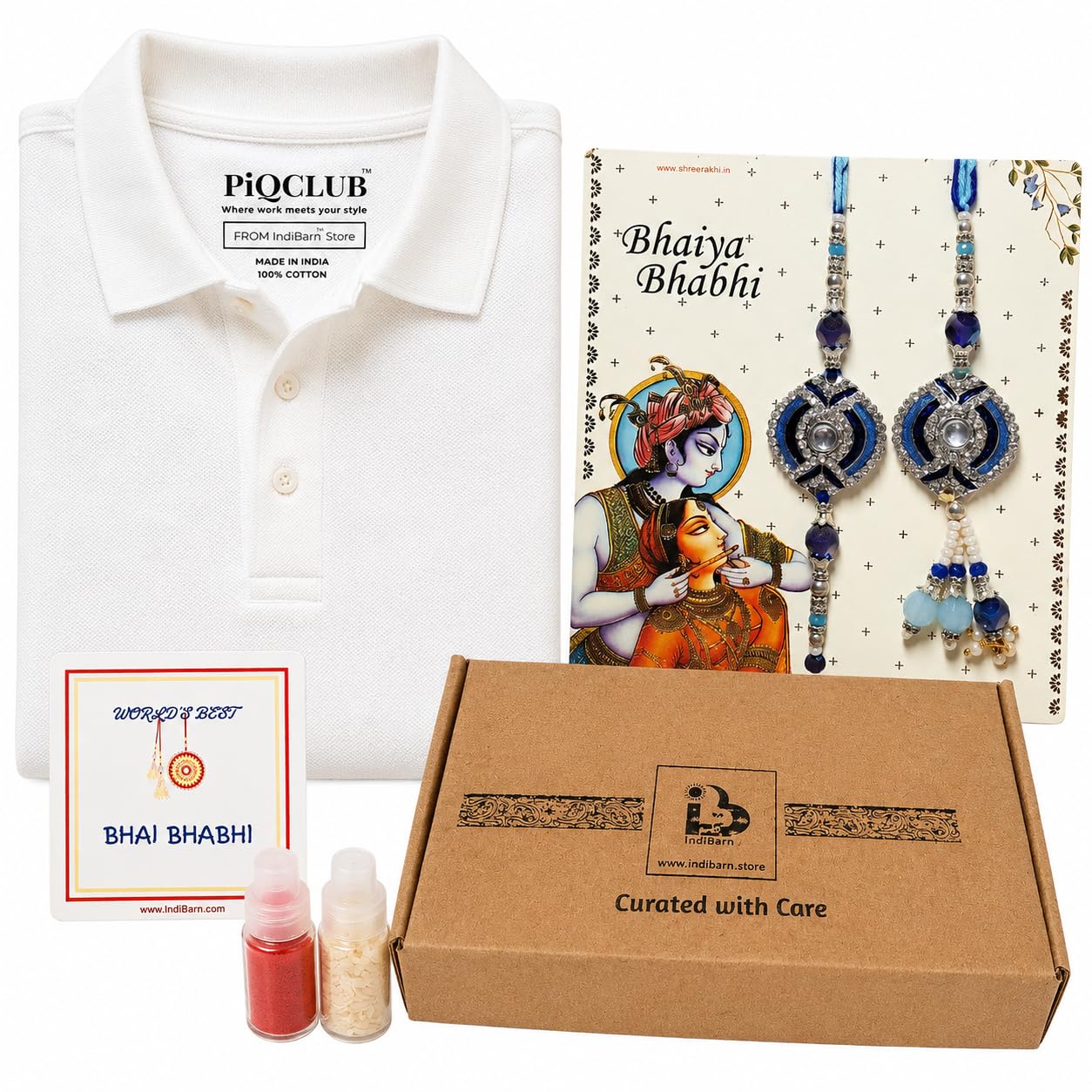 Rakhi Gift Combo Set - IndiBarn Bhaiya Bhabhi Rakhi with Fridge Magnet Premium White Cotton Polo T-Shirt for Brother | Rakshabandhan Gift Pack-picture-11