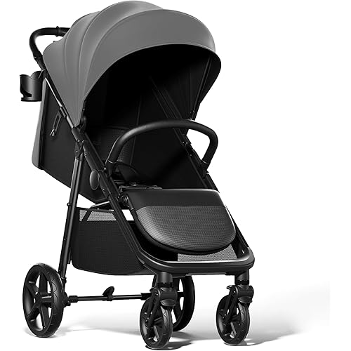 Mompush Nova Baby Stroller for Toddler, Infant & Newborn | Spacious Seat & Lie-Flat Mode | Compact One-Hand Fold, UPF 50+ Canopy & All-Wheel Suspension | Includes Rain Cover & Cup Holder, Grey