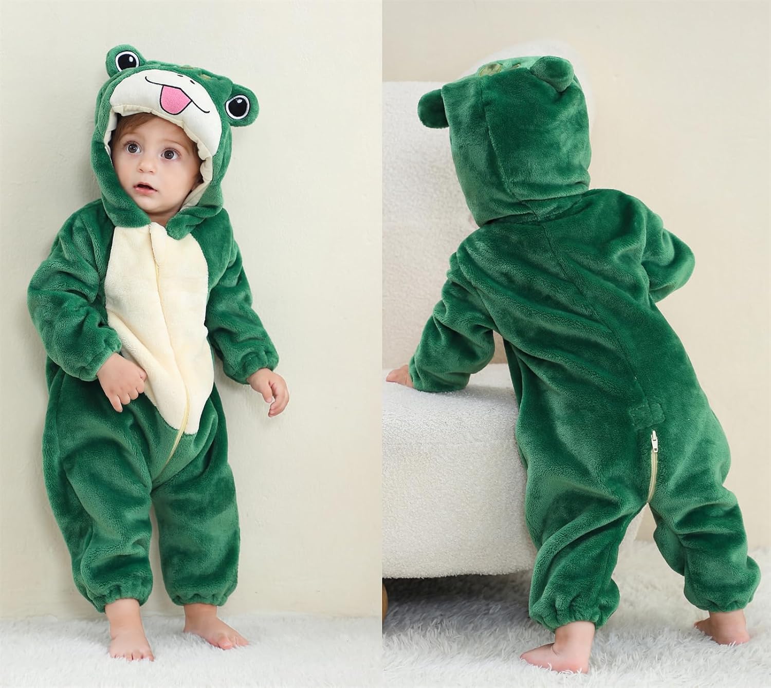 Unisex Baby Flannel Animals Costume Cosplay Jumpsuit for Christmas Halloween Toddler Winter Front Zip Hooded Romper - Image 4