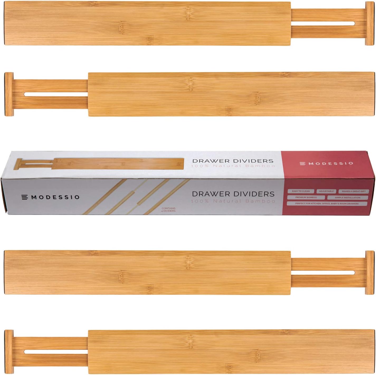 Bamboo Drawer Dividers, Expandable Drawer Organizers (2.6" High, 17.5"-22" Long), Spring Loaded Adjustable Drawer Dividers, Kitchen Organizers (4 Pack)
