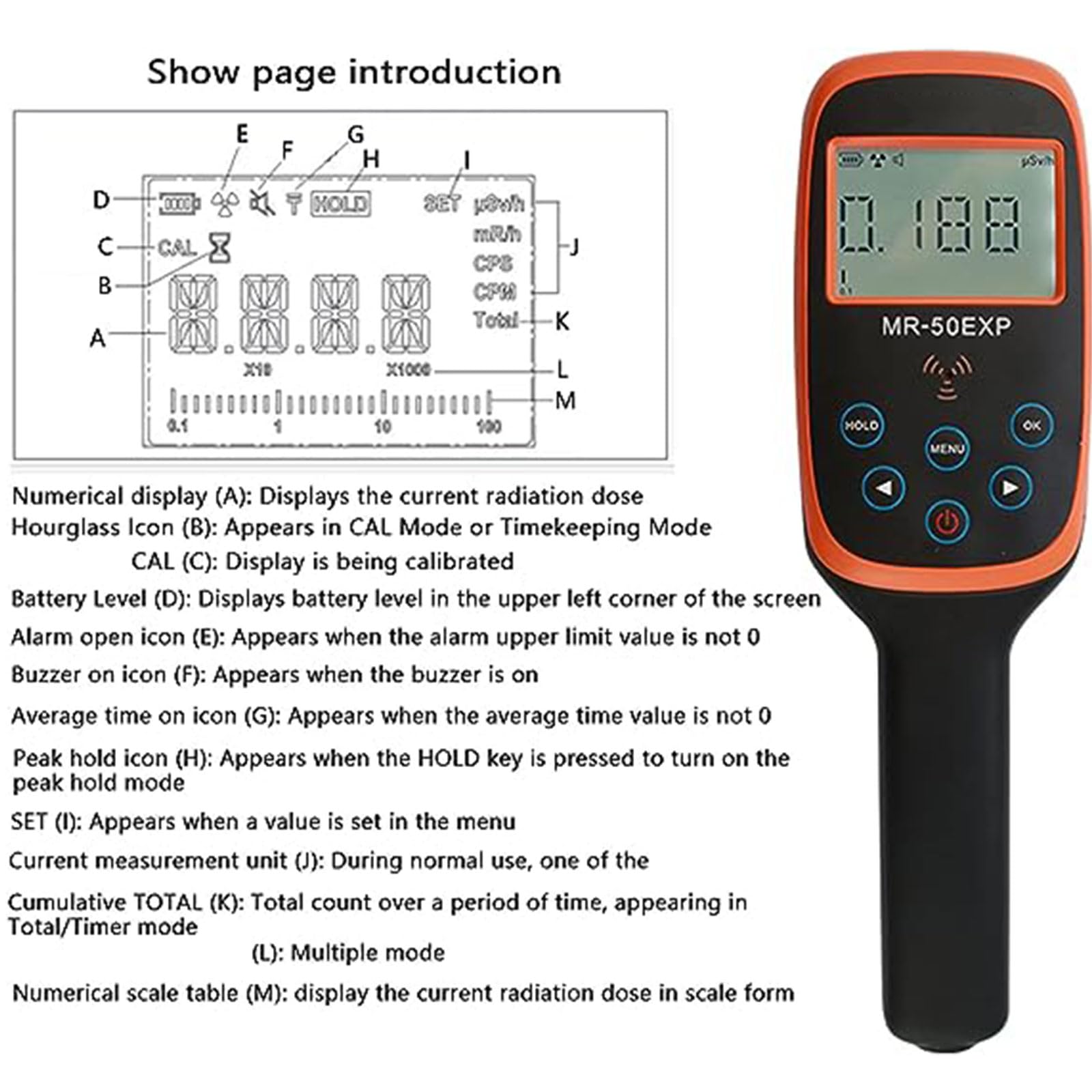 JITEM Geiger Counters Professioneller Strahlungsdetektor, High-Range-Hand-Geigerzähler, Alpha, Beta, Gamma, Röntgenstrahlen, radioaktives hochpräzises Strahlungsdetektionsinstrument, MR-50