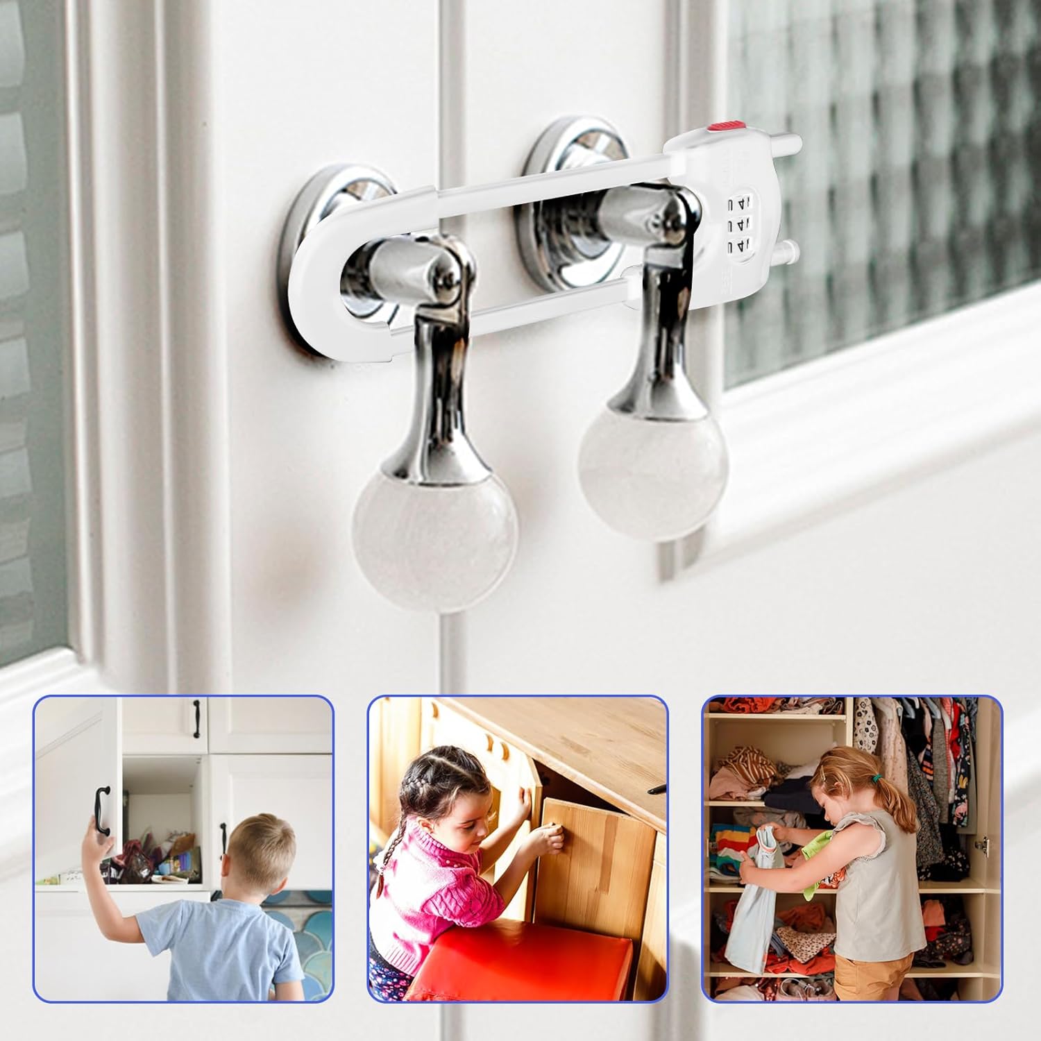 Upgrade 4 Packs Sliding Cabinet Locks, Baby Proofing U-Shaped Child Safety Latches Adjustable White Locks for Handles Knobs Drawers - White