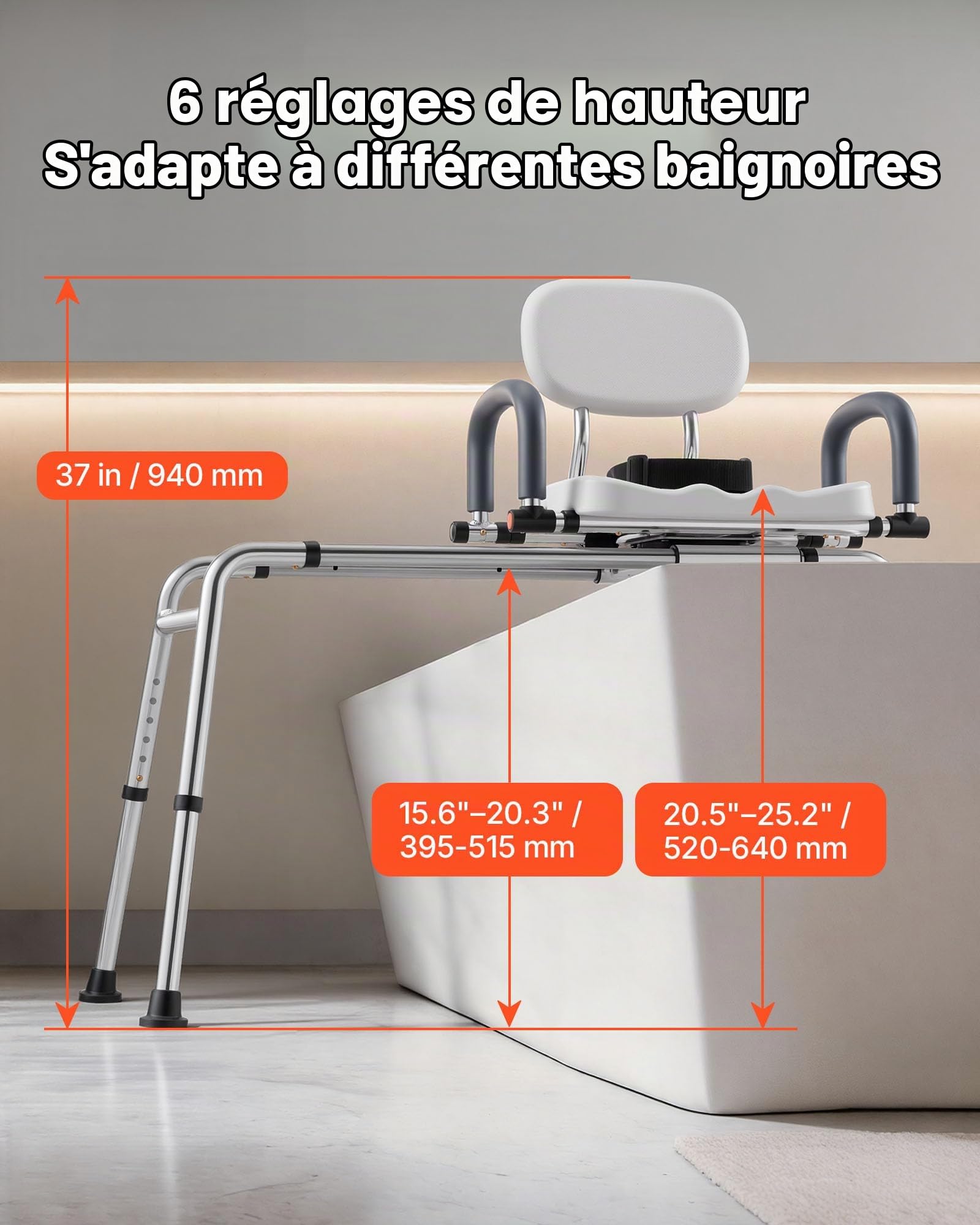 VEVOR Chaise de Baignoire Coulissante, Siège de Transfert pour Baignoire Pivotant, Capacité 180 kg, Accoudoirs et Dossier, pour Adultes, Personnes Âgées et Handicapés, Hauteur et Largeur Réglables