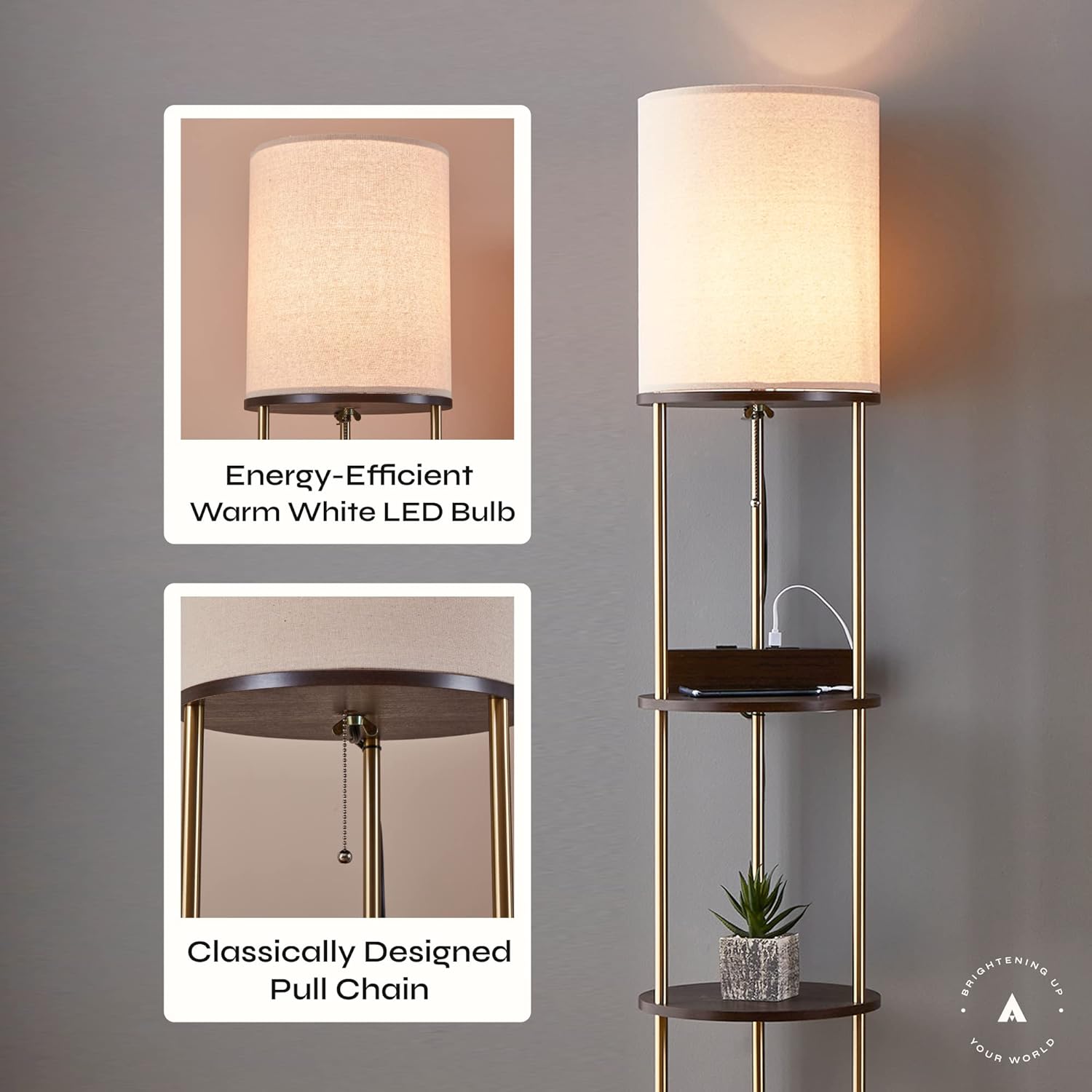 ATAMIN Tall Floor Lamp with Shelves and Charging Station – USB-C, USB, and Wireless Charging Shelf Lamp for Living Room or Bedroom 72-inch Modern Standing Lamp with Compact Storage