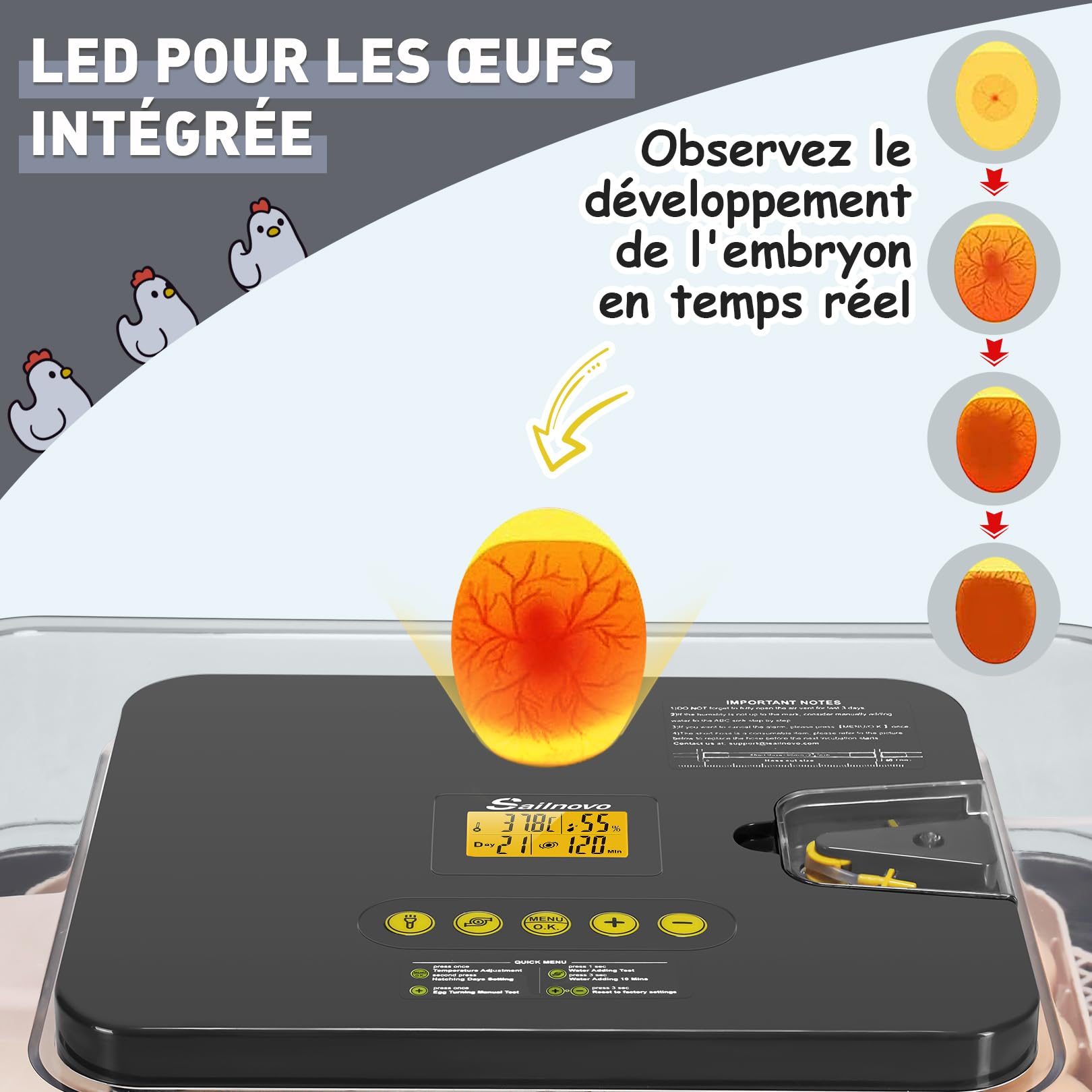 Sailnovo Couveuse 56 Oeufs Incubateur Oeuf Automatique avec Retournement Automatique des Oeufs et Humidification Automatique, Parfait pour les laboratoires, les écoles et les fermes, Gris