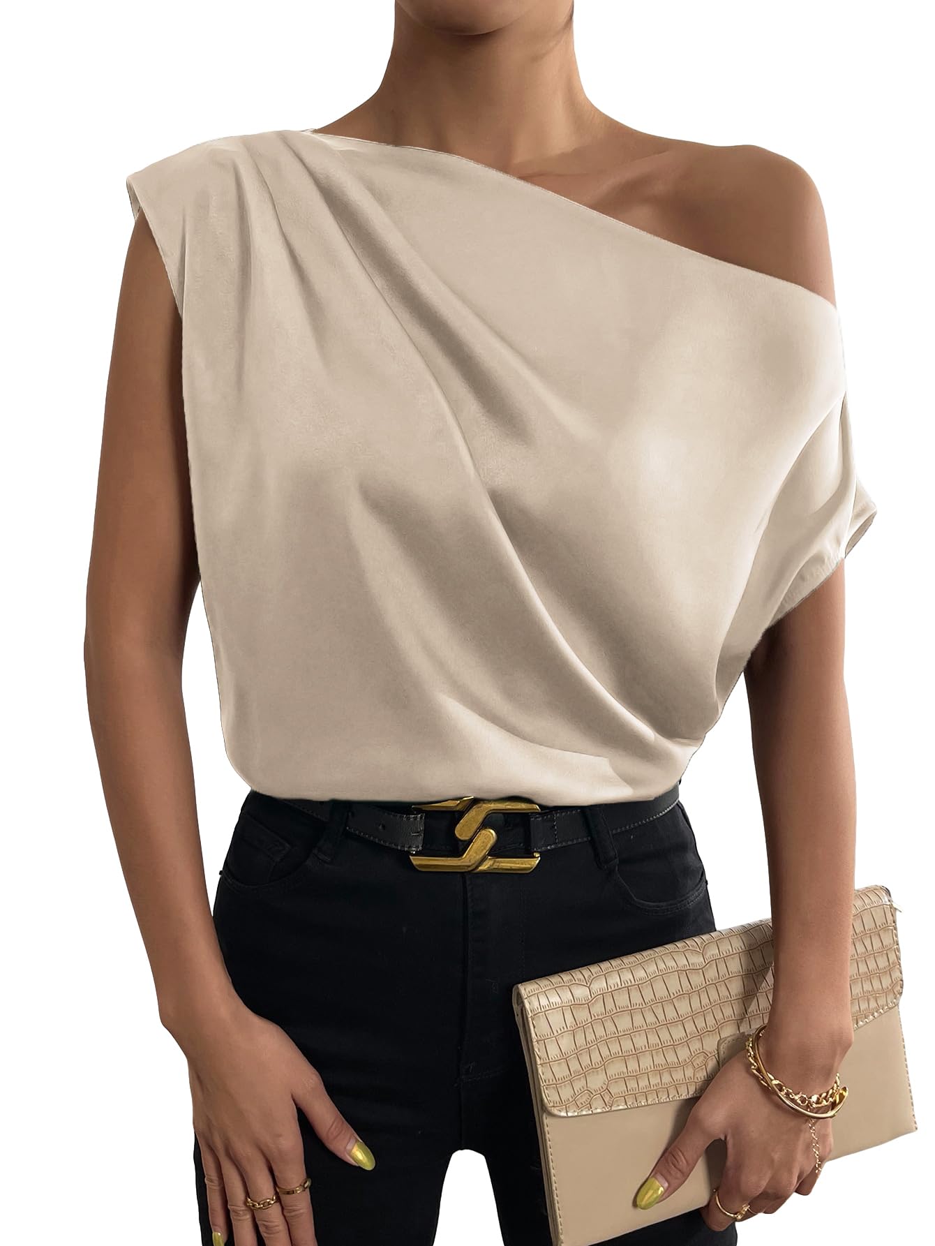 OYOANGLE Women's Satin Off The Shoulder Short Sleeve Asymmetrical Neck Ruched Work Office Blouse Top