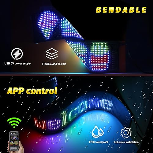 Vista 4 de Letrero LED, señal de coche LED programable con aplicación Bluetooth, panel de matriz LED de mensaje de desplazamiento USB 5V, tablero