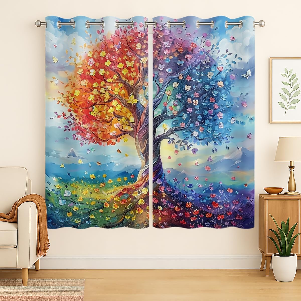 Colorful Tree Blackout Curtains for Girls Boys Kids Home Decor, Tree of Life Spring Flower Butterfly Grommet Thermal Insulated Drapes Darkening Window Curtain for Bedroom Living Room, 63 x 63 Inch