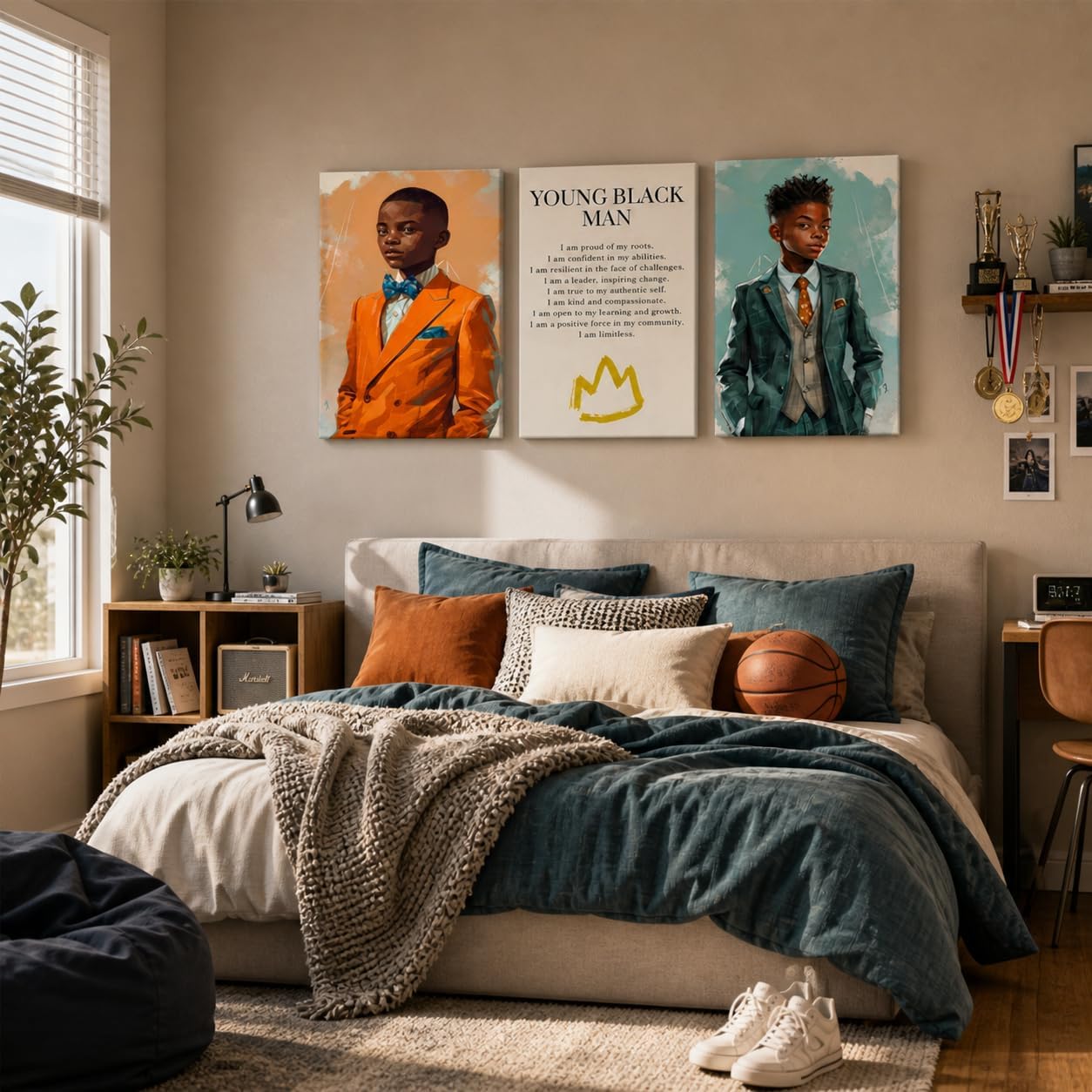 AUFDASORT 3 Pcs African American Boy Canvas Wall Art, Inspirational Quote Portrait Canvas Prints, Young Black Man Wall Decor for Bedroom Classroom Living Room Dorm Room, 16x24 Inch Ready to Hang