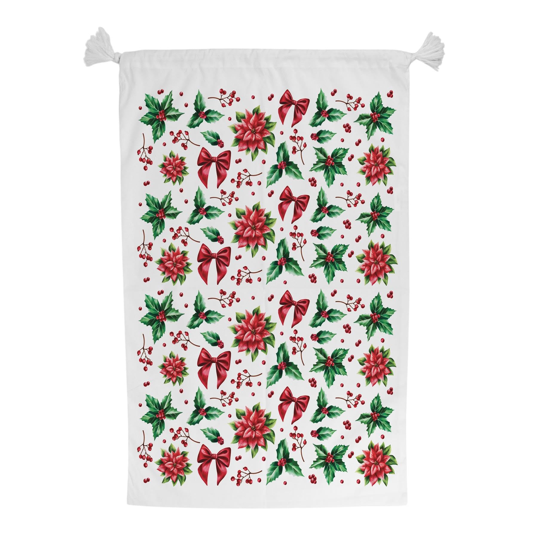 Purely Home Christmas Poinsettia & Holly Present Bag - Novelty Xmas Santa Sack White/Red/Green With Drawstring Ties