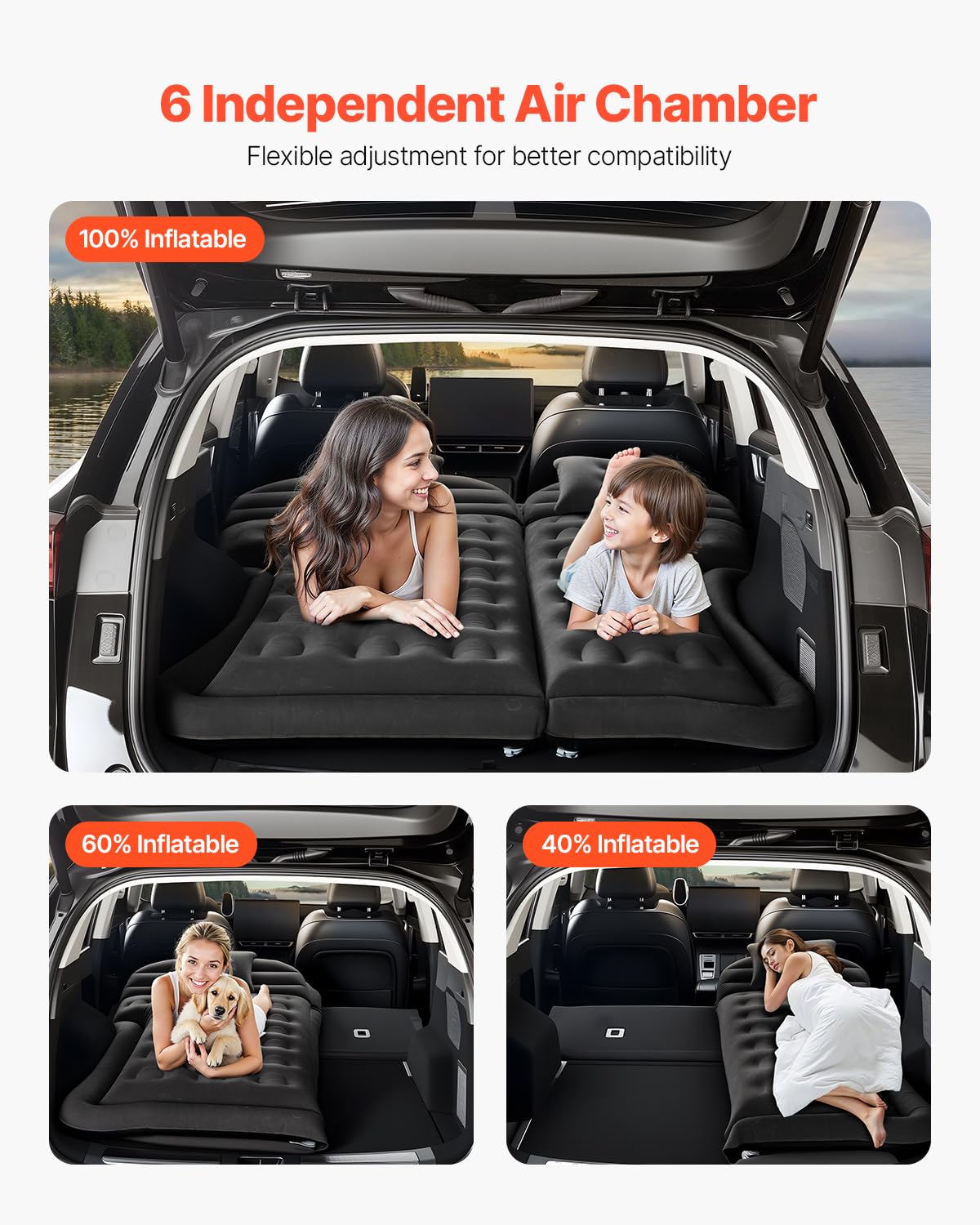VEVOR Colchón Inflable de Camping para Coche, Grueso y Aterciopelado, Duradero con Bomba de Aire, 2 Almohadas, Boquilla y Bolsa de Transporte, para SUV, MPV y Sedán, Negro, 1750 x 1330 x 150 mm