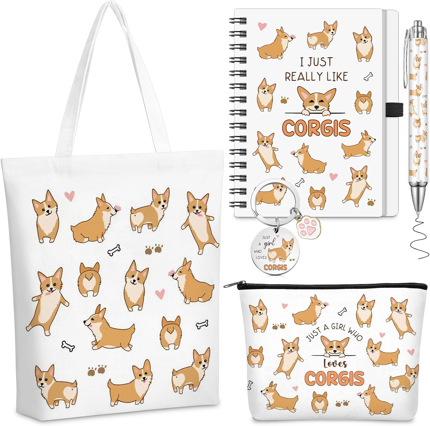 5 Pcs Corgis Gifts Set for Women Include Keychain Canvas Tote Bag Animal Lover Zipper Makeup Bag Notebook Pen for Women Corgis Party Favors Birthday Gift for Christmas