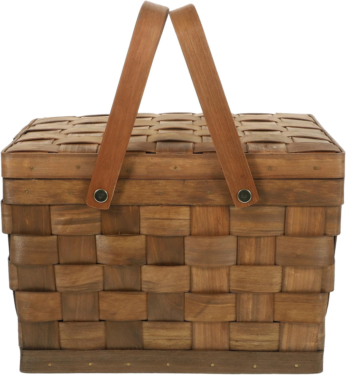 Alasum Lidded Wood Chip Picnic Basket with Handle, Woven Fruit and Vegetable Storage Basket for Outdoor Gathering and Home Organization, Dark Brown