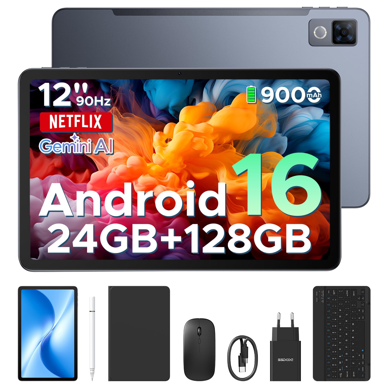 DOOGEE U12 Tablet con Tastiera Android 16, Tablet 12 Pollici, 24GB RAM+128GB/2TB TF, WIFI5, Gemini AI, 2000*1200 FHD+IPS, 9000mAh/18W, 13MP+8MP, UNISOC T7255 Octa Core/Widevine L1/Face ID/GPS, Grigio