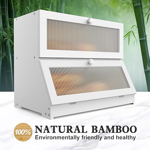 Miniatura 15 de Panera de bambú de doble capa para encimera de cocina, contenedor de almacenamiento de gran capacidad para pan, panera rústica con ventana (negro)