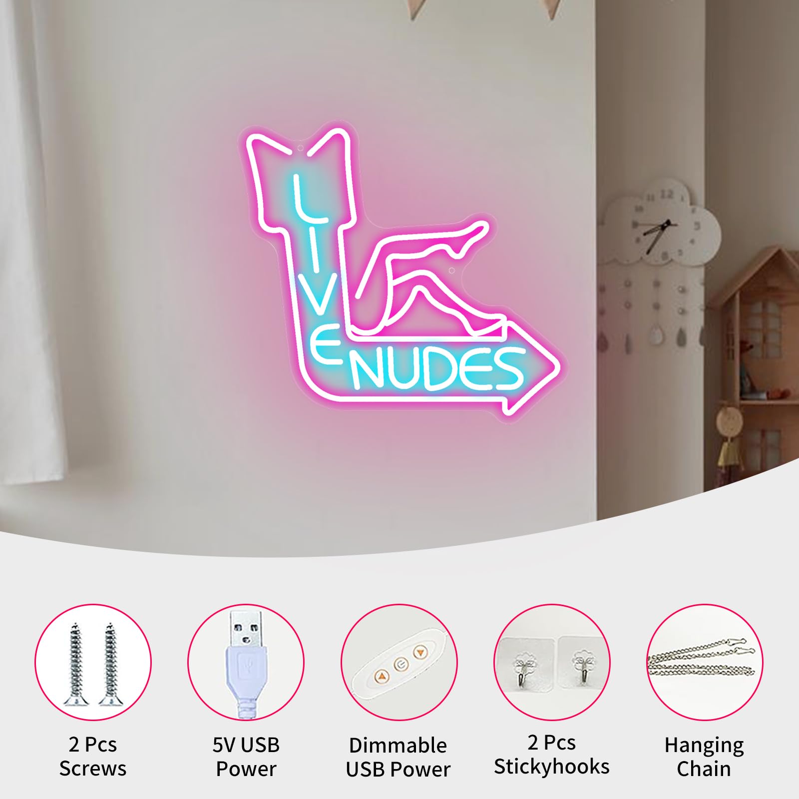 Live Nudes Neon Sign, Pink Blue Dimmable Neon Lights for Wall Decor, LED Light Up Sign USB Powered for Dancing Clubs Bar Hotel Bedroom Living Room Home - Image 4