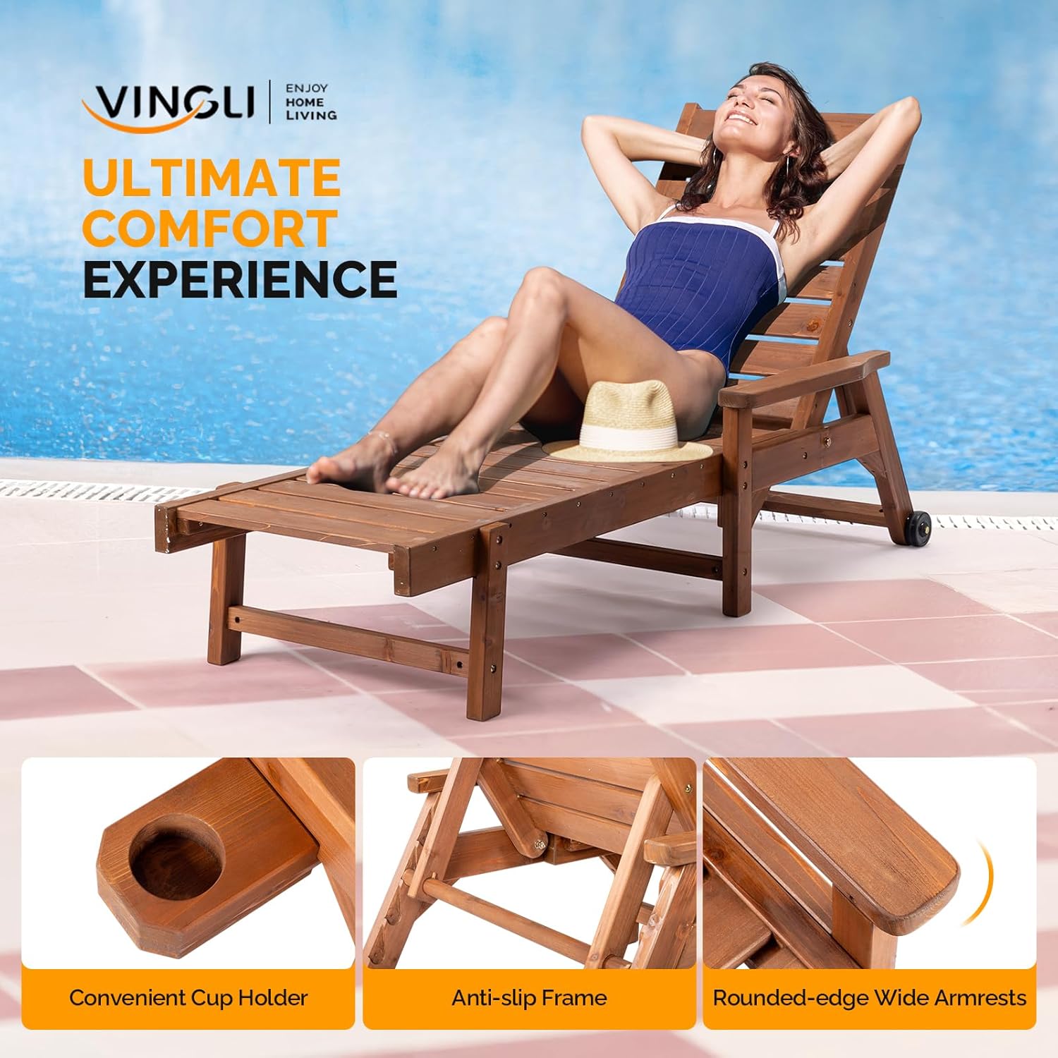 VINGLI Outdoor Chaise Lounge Chair, Wooden Patio Lounger Chair with Adjustable Backrest, Pool Chaise Lounge with Cup Holder & Wheels for Sunbathing Poolside Beach, Brown