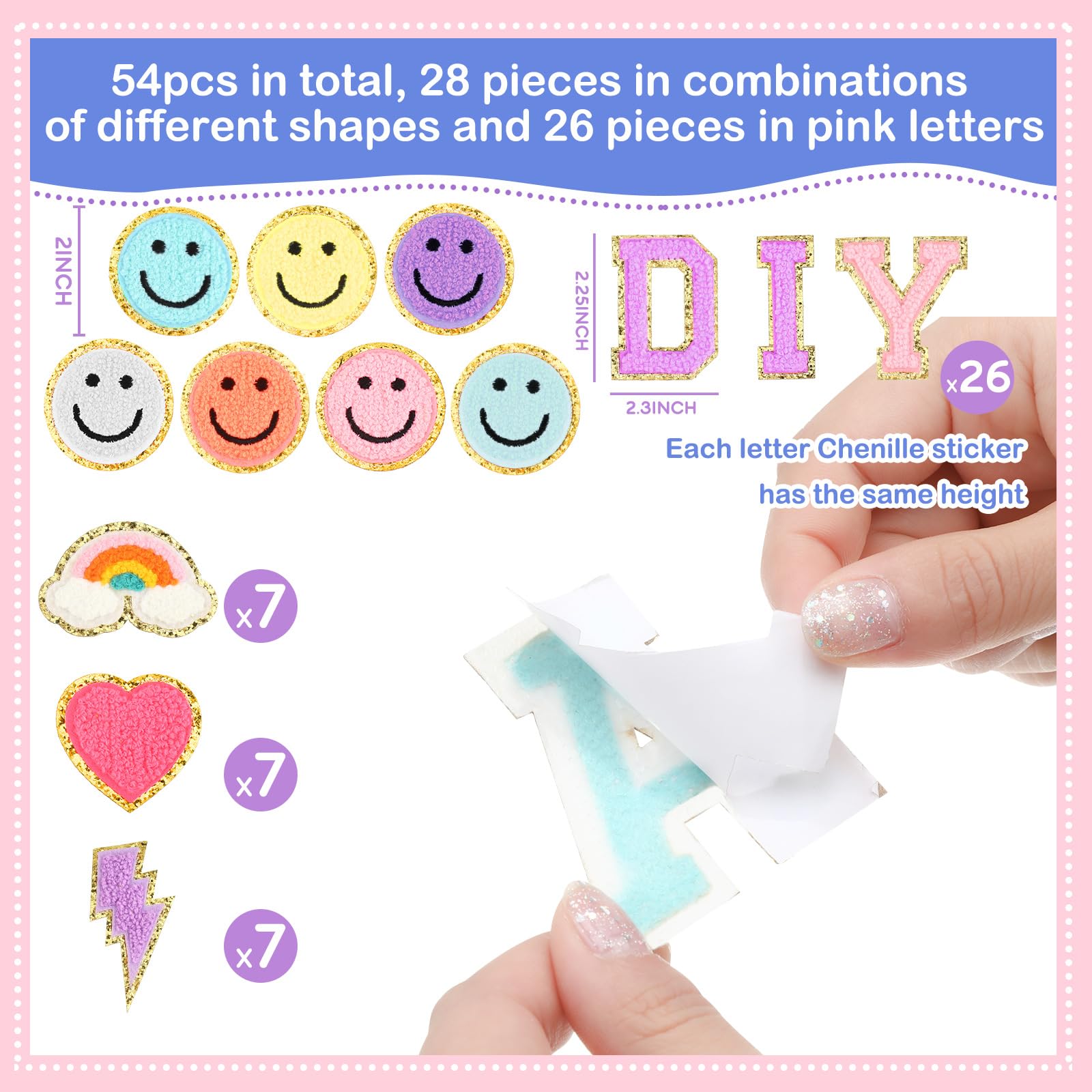 Geosar 54 Pcs Self Adhesive Chenille Letters Patches Glitter Rainbow Preppy Cute Sew Patches Letter Craft for Clothing Backpack Bag Back to School Gifts(2.17 Inch,Multicolored)