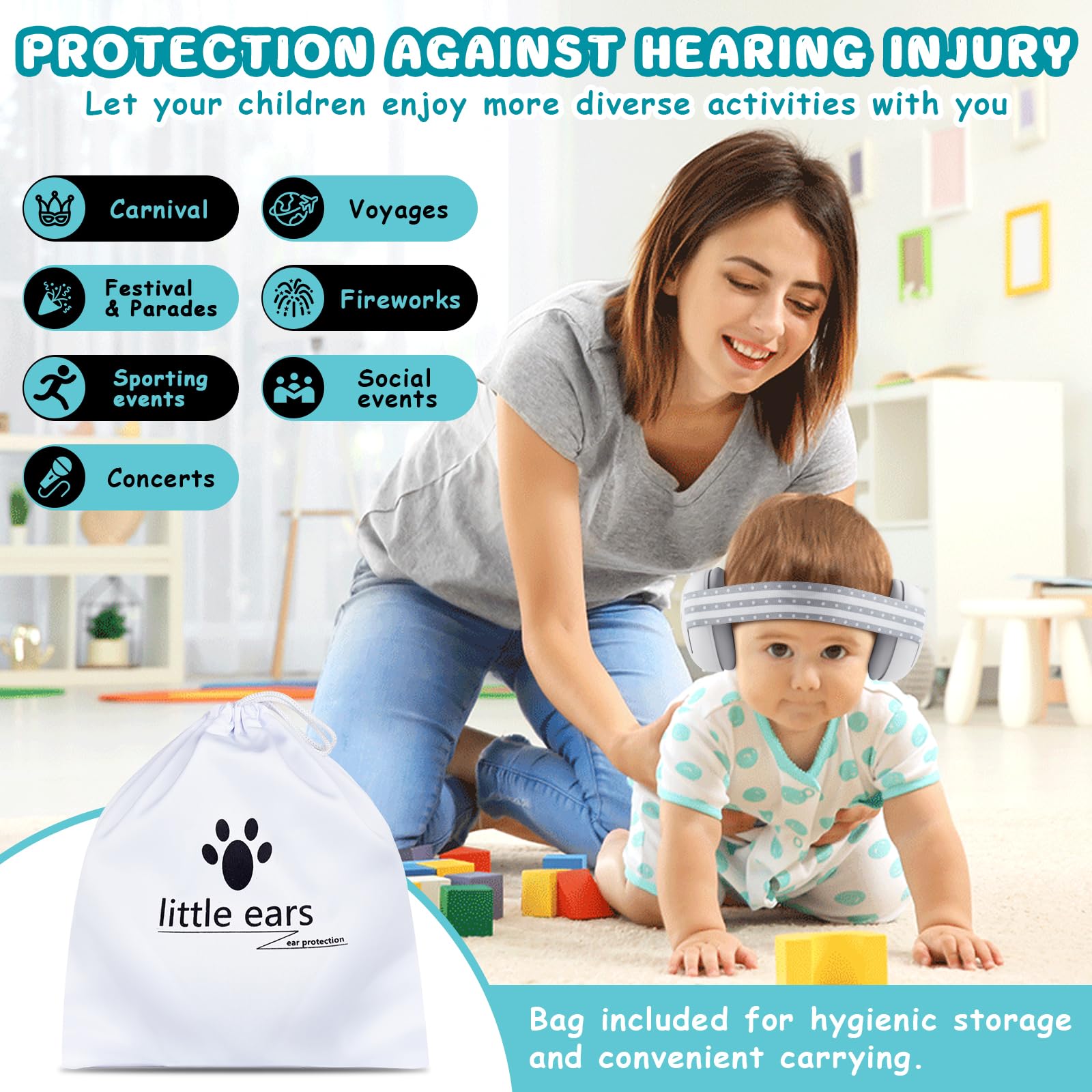 2 in 1 Cuffie Neonato Antirumore Neonati Bambini 0-4 anni Insonorizzate Rumore Aereo Concerto Bambina Protettori Acustici Protezione Udito Acustica Cuffia Morbida Baby Earmuffs + Campanelle da Polso