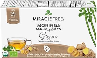 Miracle Tree - Organic Moringa Superfood Tea, 25 Individually Sealed Tea Bags, Ginger (Keto, Detox, Energy & Immunity Booster, Vegan, Gluten-Free, Organic, Non-GMO, Caffeine-Free)