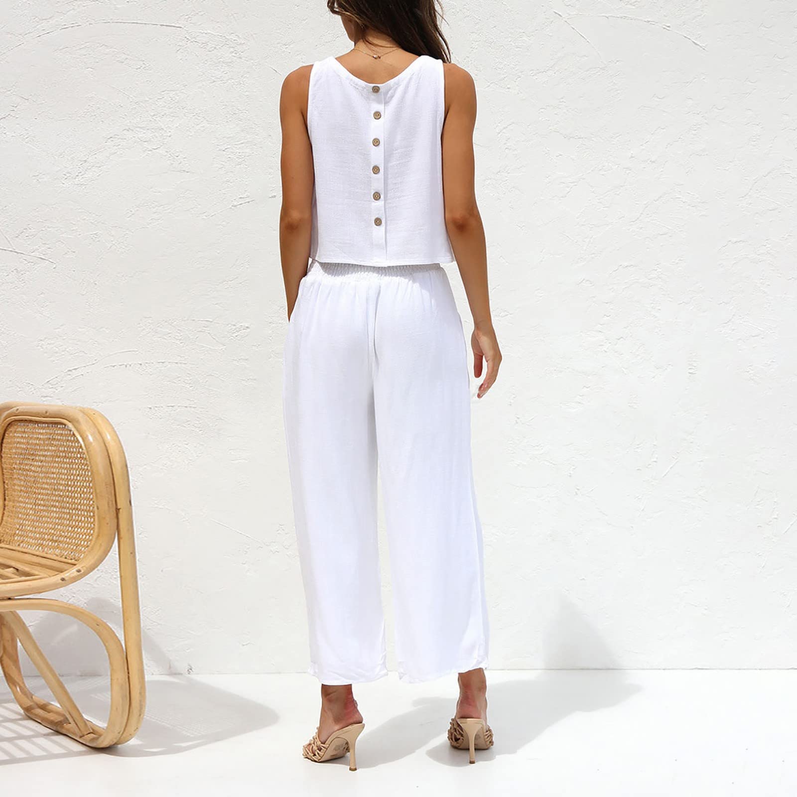Tuta sportiva in lino, da donna, set corto, in lino, da donna, in due pezzi, per jogging, baggy Y2K, senza maniche, girocollo, gamba larga, pantaloni lunghi, streetwear, tinta unita, in due pezzi,