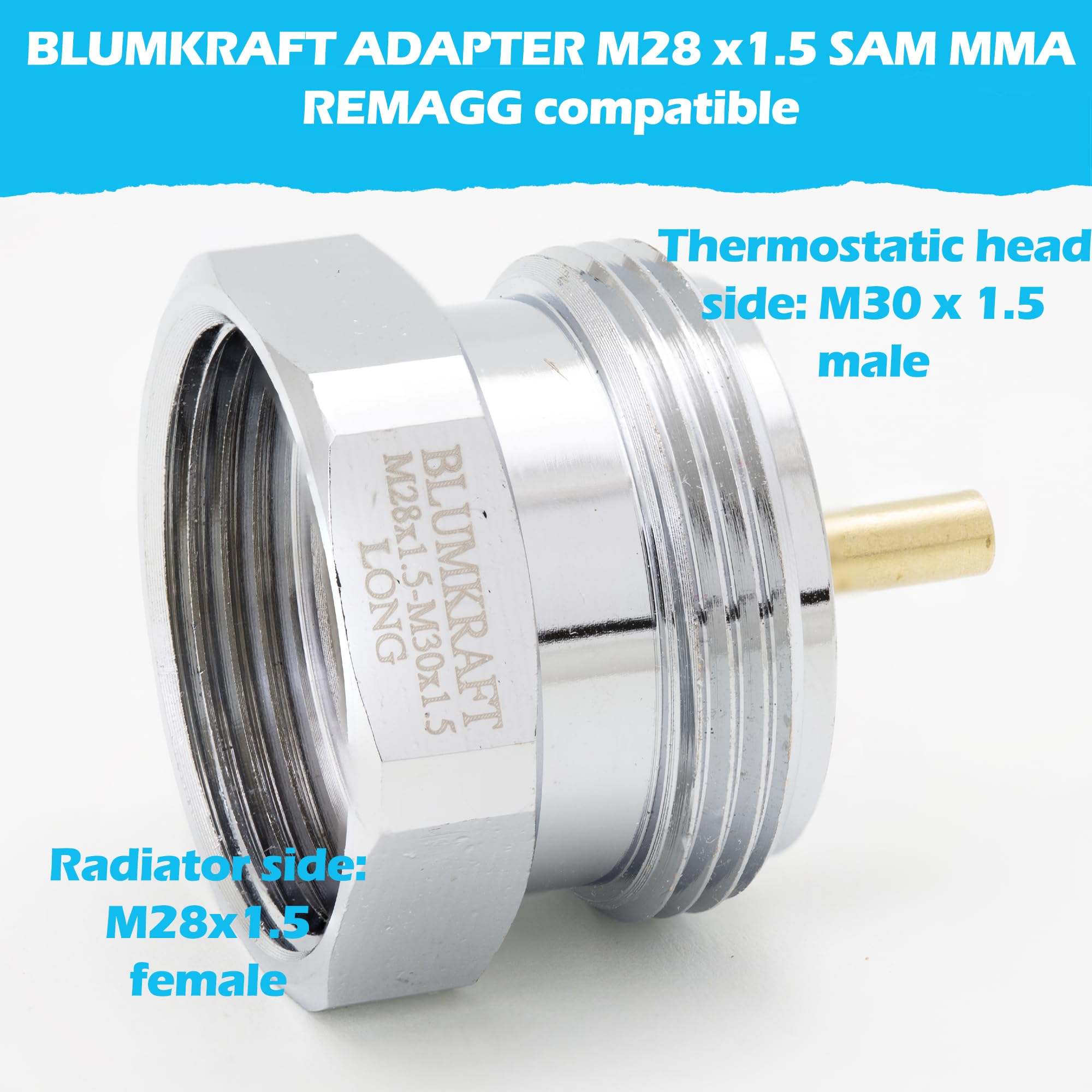 BLUMKRAFT Metal Adapter for Sam MMA and Remagg Radiators M28 x1.5 to M30 x 1.5 for Thermostat/Thermostatic Head M30x1.5 Male (M28 Long) - Image 2