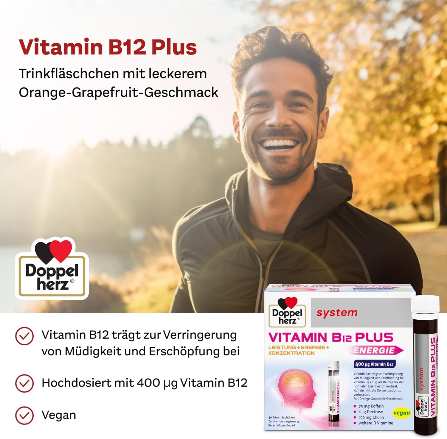Doppelherz system VITAMIN B12 PLUS ENERGIE - Praktische Trinkfläschchen | Vitamin B12 trägt zur Verringerung von Müdigkeit und Erschöpfung bei - vegan, lactose- & glutenfrei - 2 x 30 Trinkfläschchen
