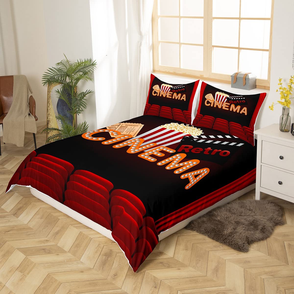 Homewish Juego de Funda de edredón de película Super King,Juego de Ropa de Cama de película de Palomitas de maíz,Retro,Cine,Rojo y Negro,Funda de edredón de Cine de Dibujos Animados,decoraci