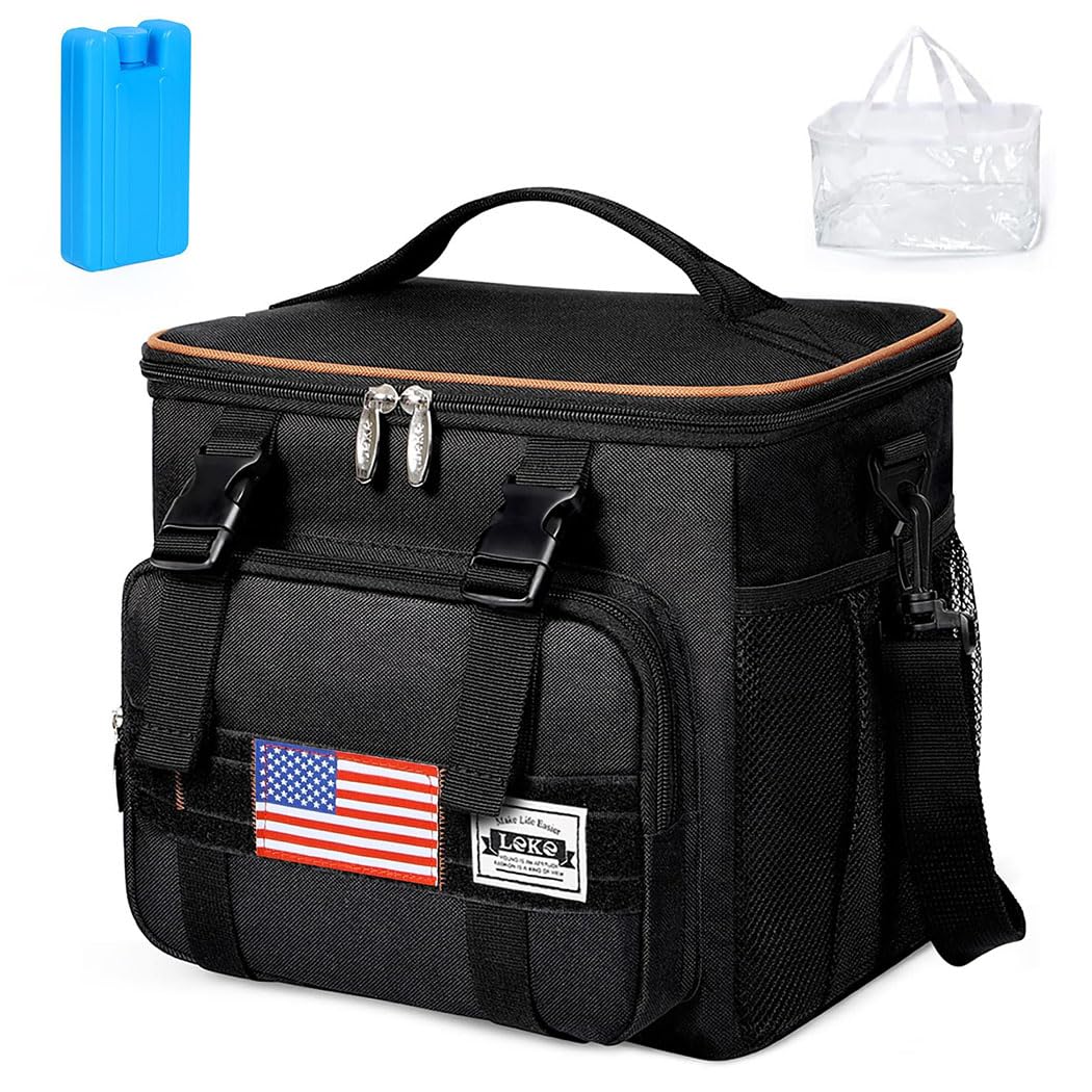 LekeskyMens Lunch Bag Insulated Lunchbox Meal Prep Lunch Box Lunch Cooler Bags Adults Work （ With one Coolers Ice Pack, one Leakproof PVC bag）, Black