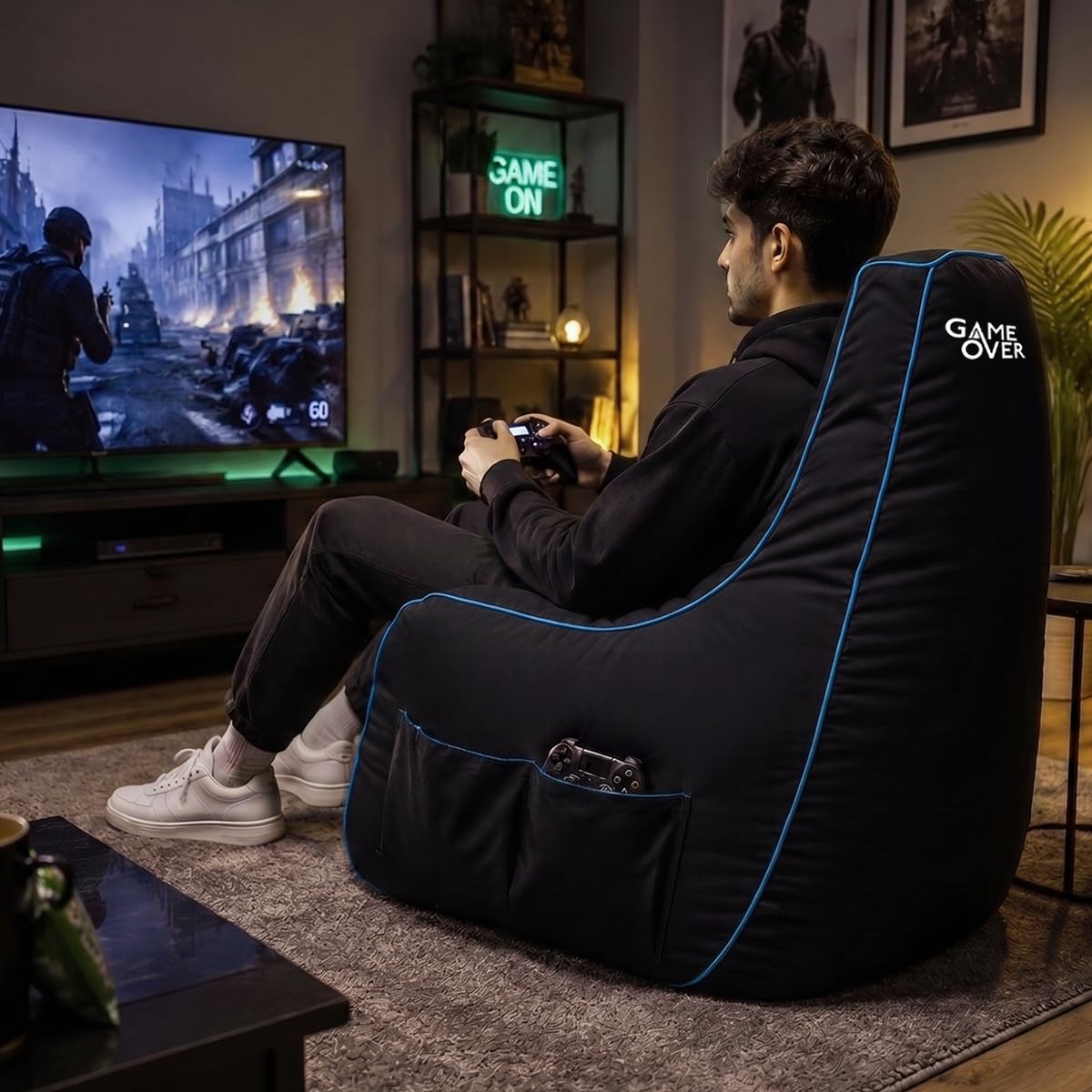 Game Over Poltrona Video Gaming Bean Bag | Puff Poltrona Sacco | per Soggiorni E Interni | Tasche Laterali per I Controller | Supporto per Cuffie | Design Ergonomico (Lich Blade)
